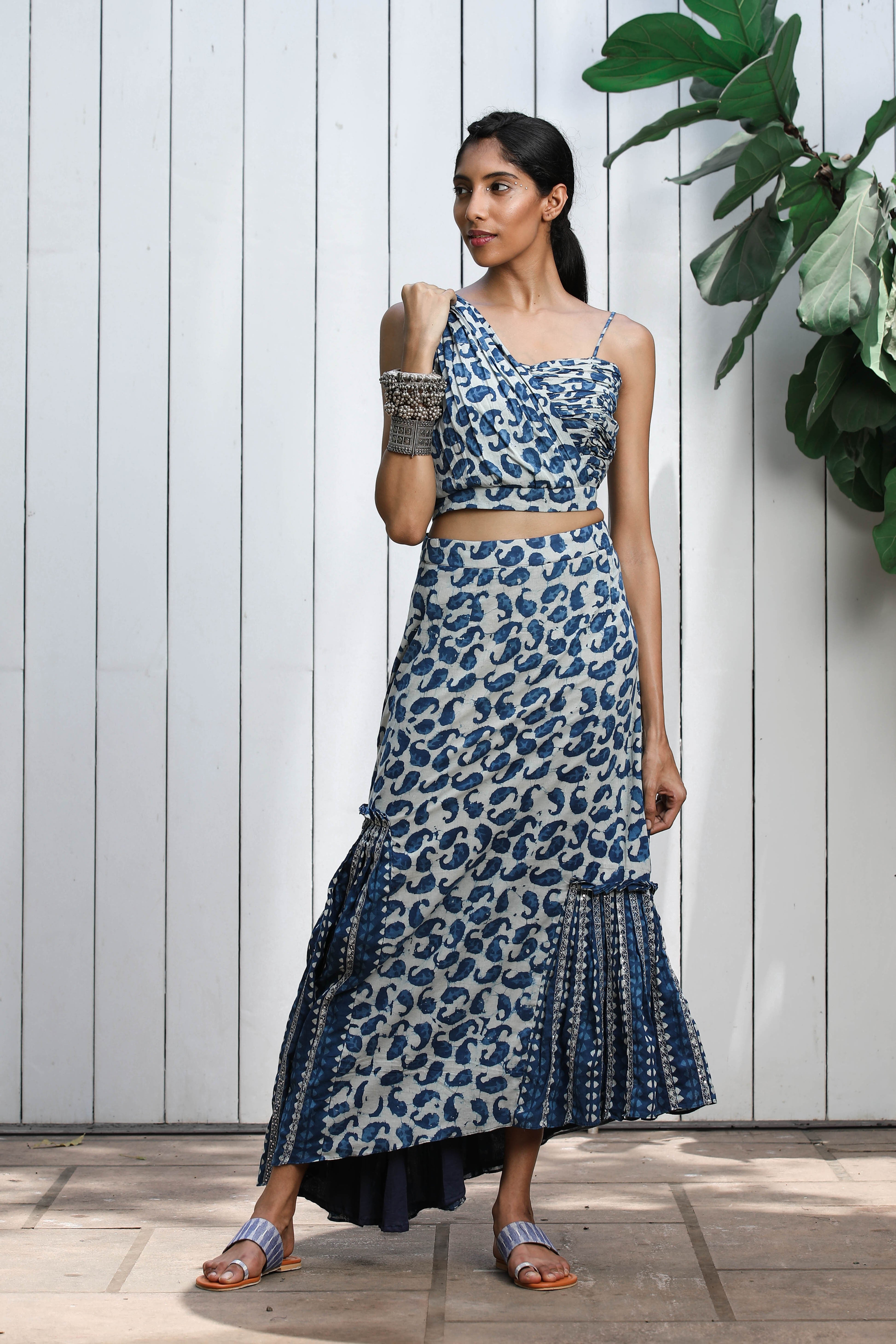 Indigo Crop Top with Pleated Skirt