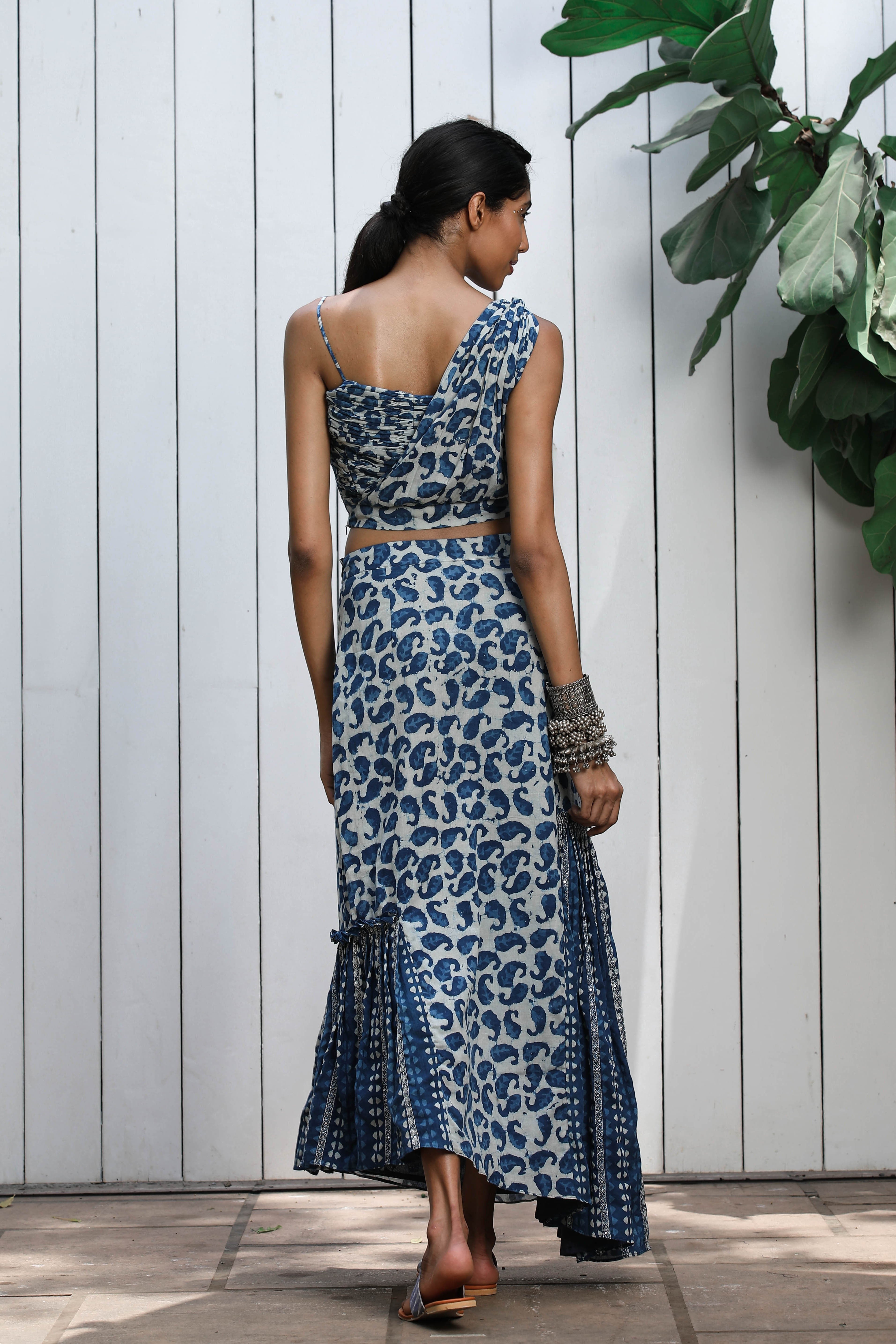 Indigo Crop Top with Pleated Skirt