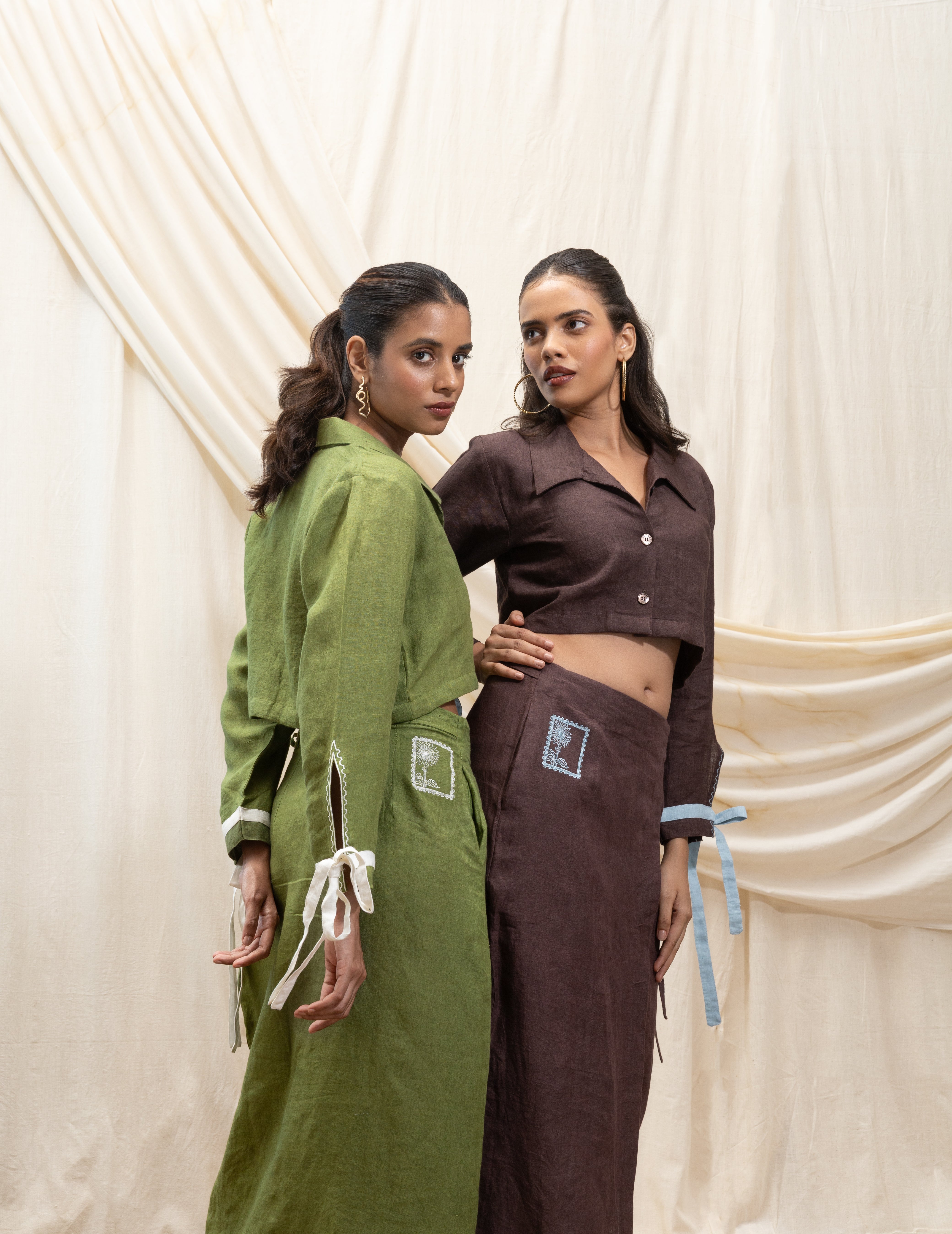 Linen cropped shirt and wrap skirt set