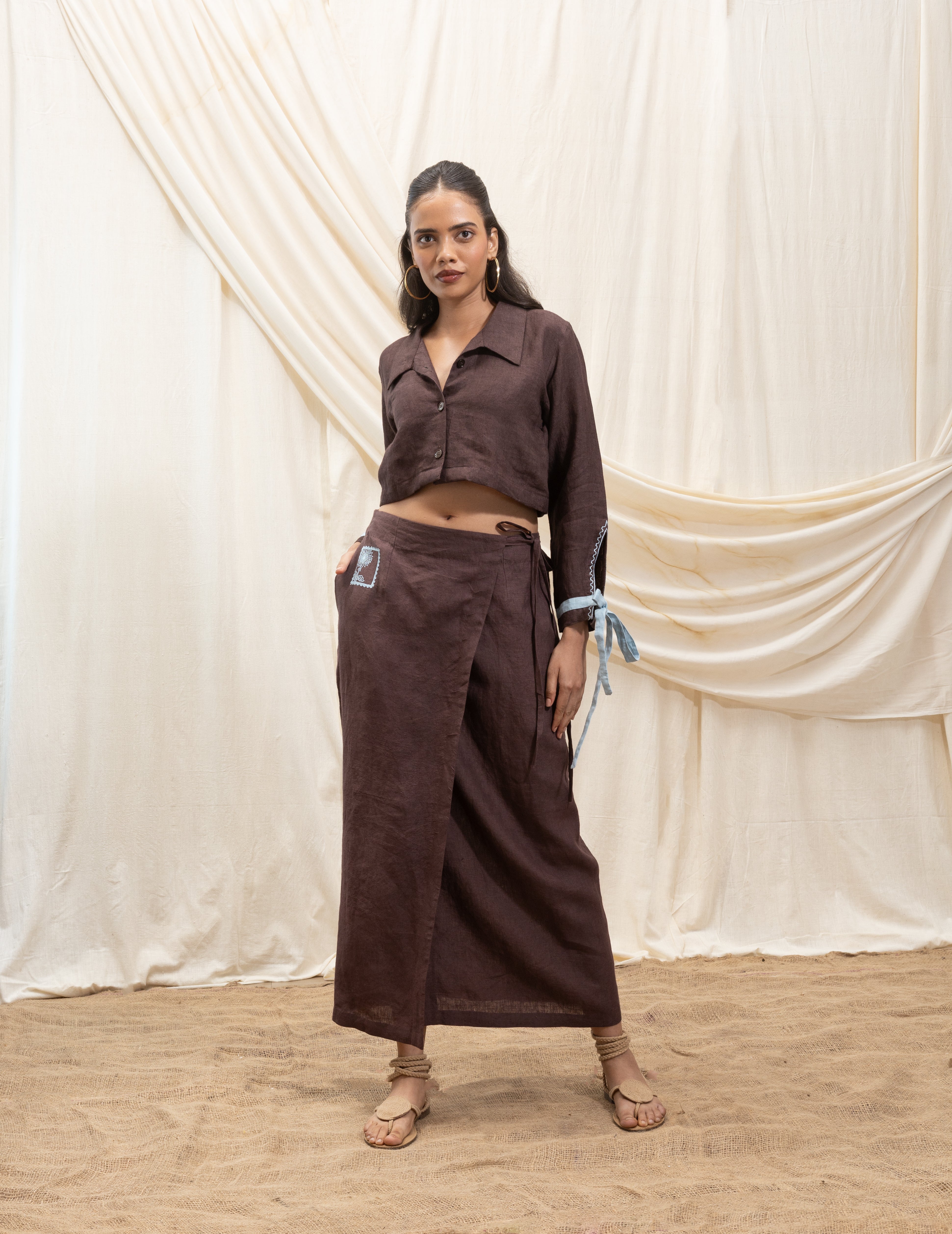 Linen cropped shirt and wrap skirt set