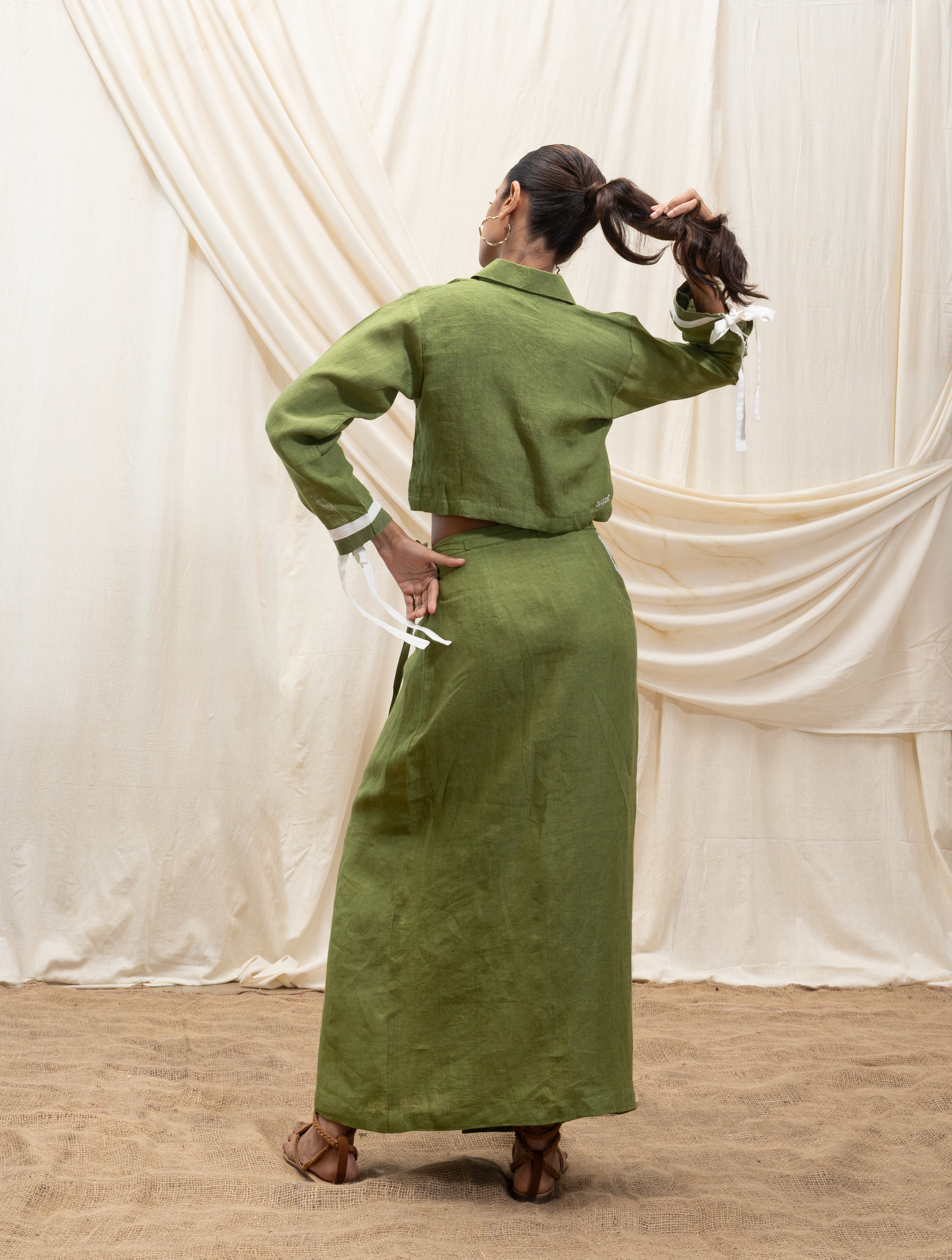 Linen cropped shirt and wrap skirt set