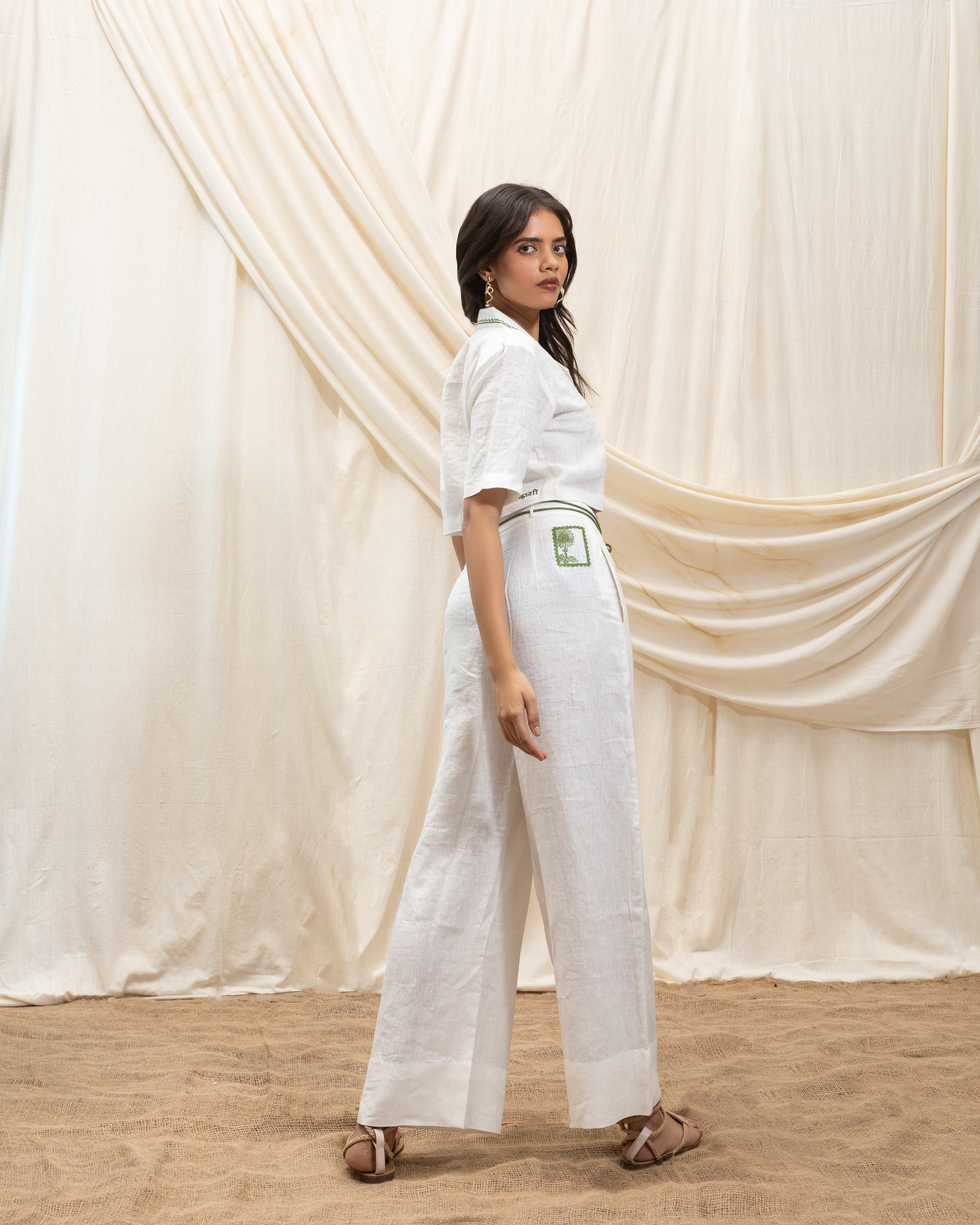 Linen cropped blazer and straight pant set