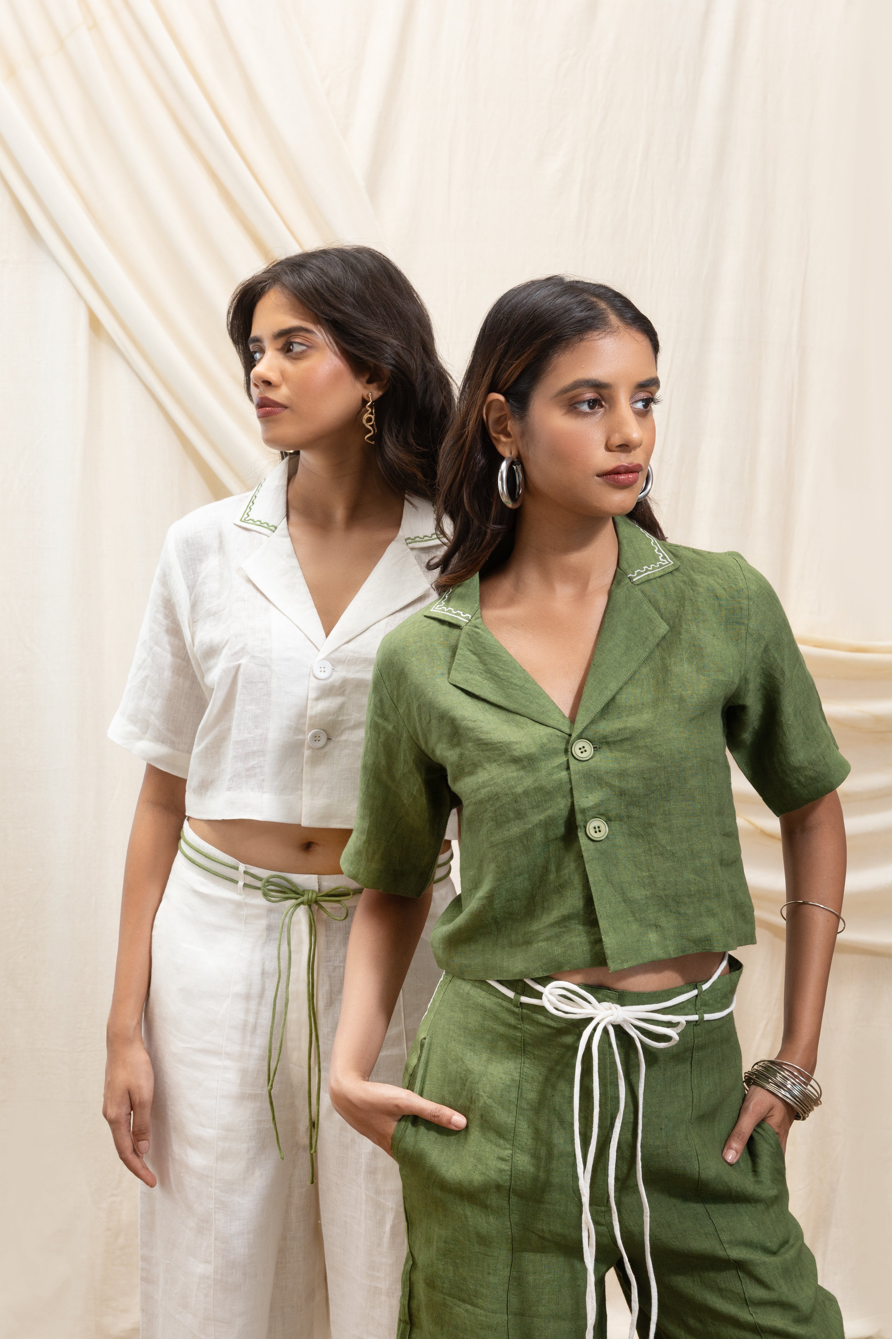 Linen cropped blazer and straight pant set