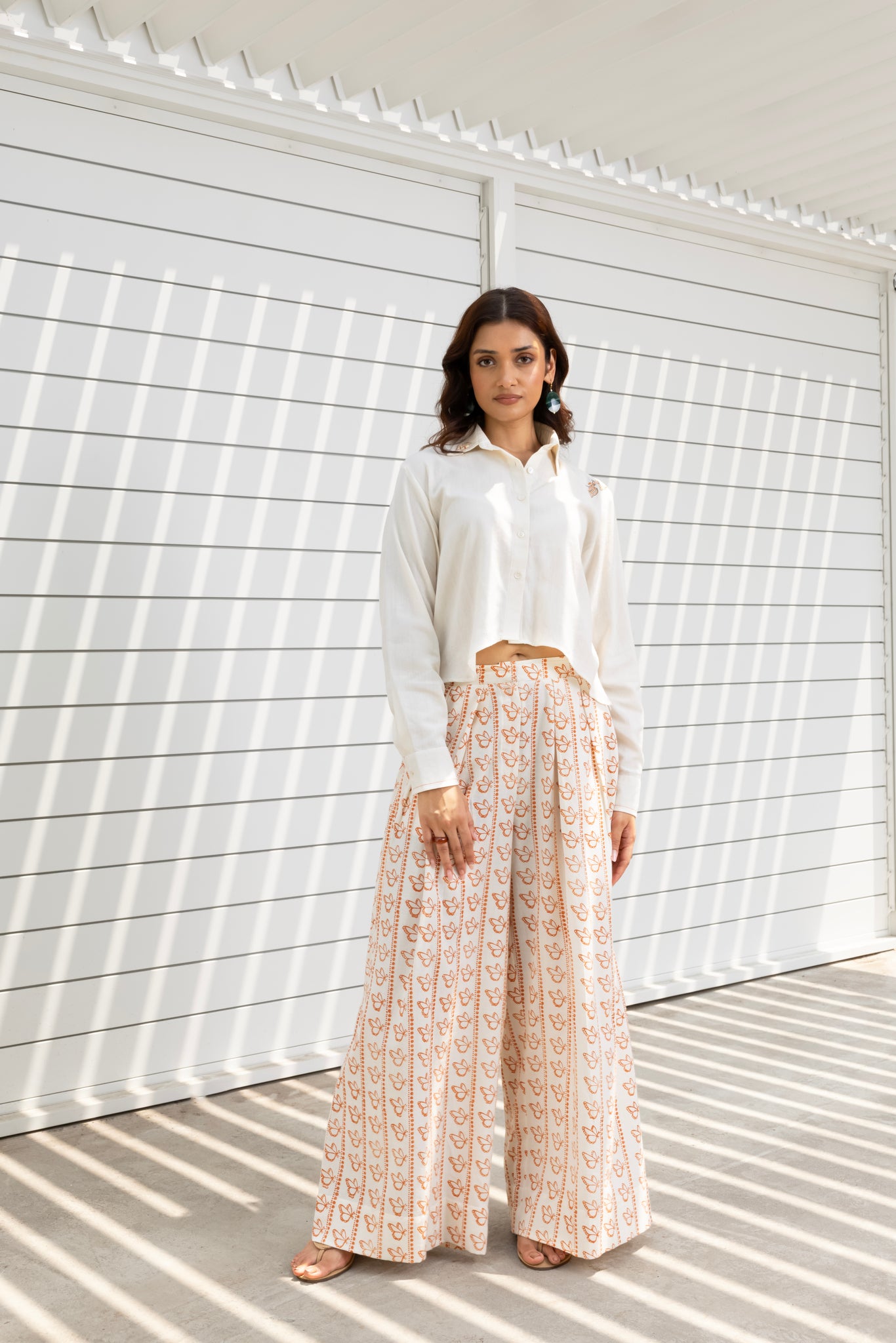 Butterfly Embroidered Cropped Shirt & Printed Wide-Leg Pants