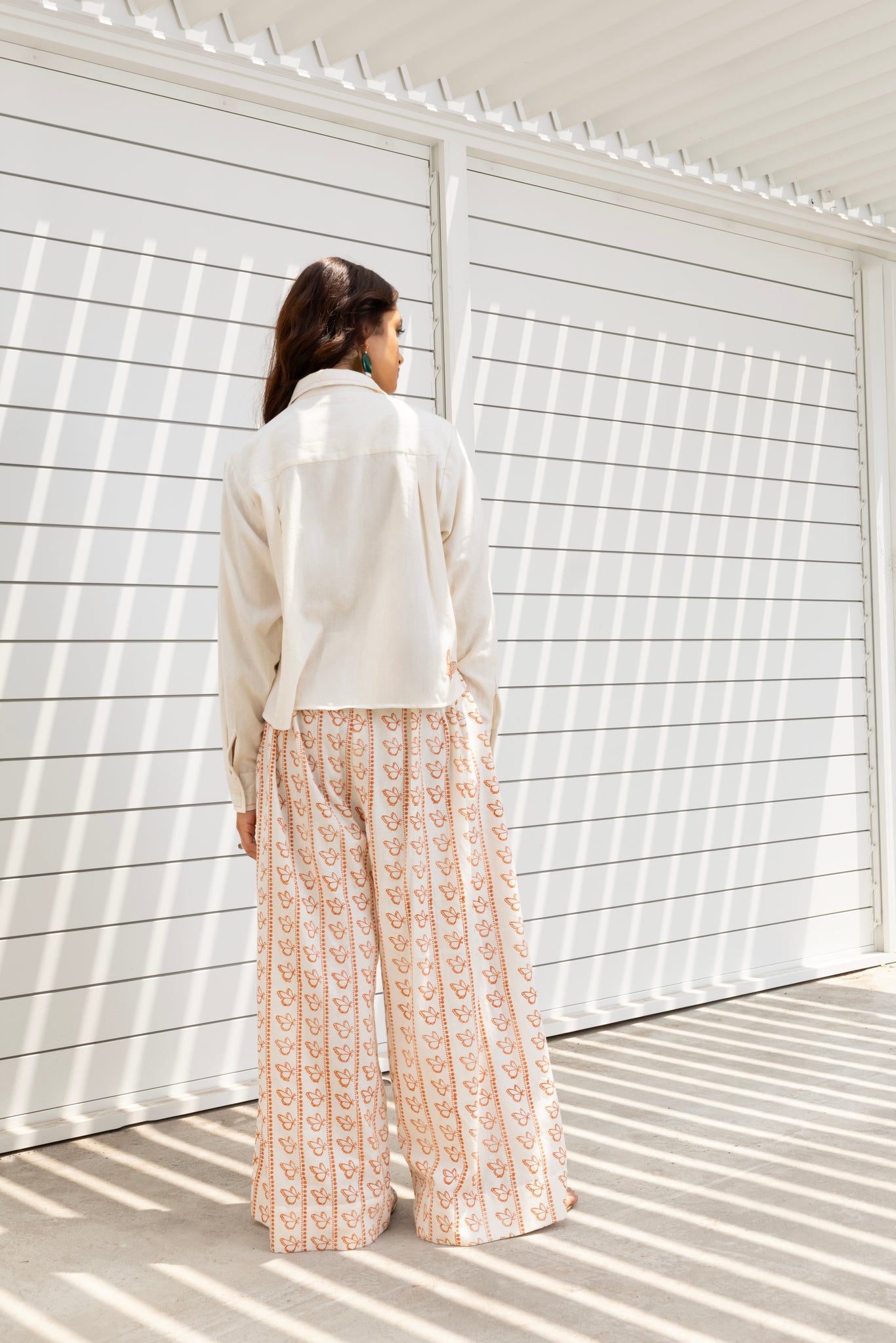 Butterfly Embroidered Cropped Shirt & Printed Wide-Leg Pants