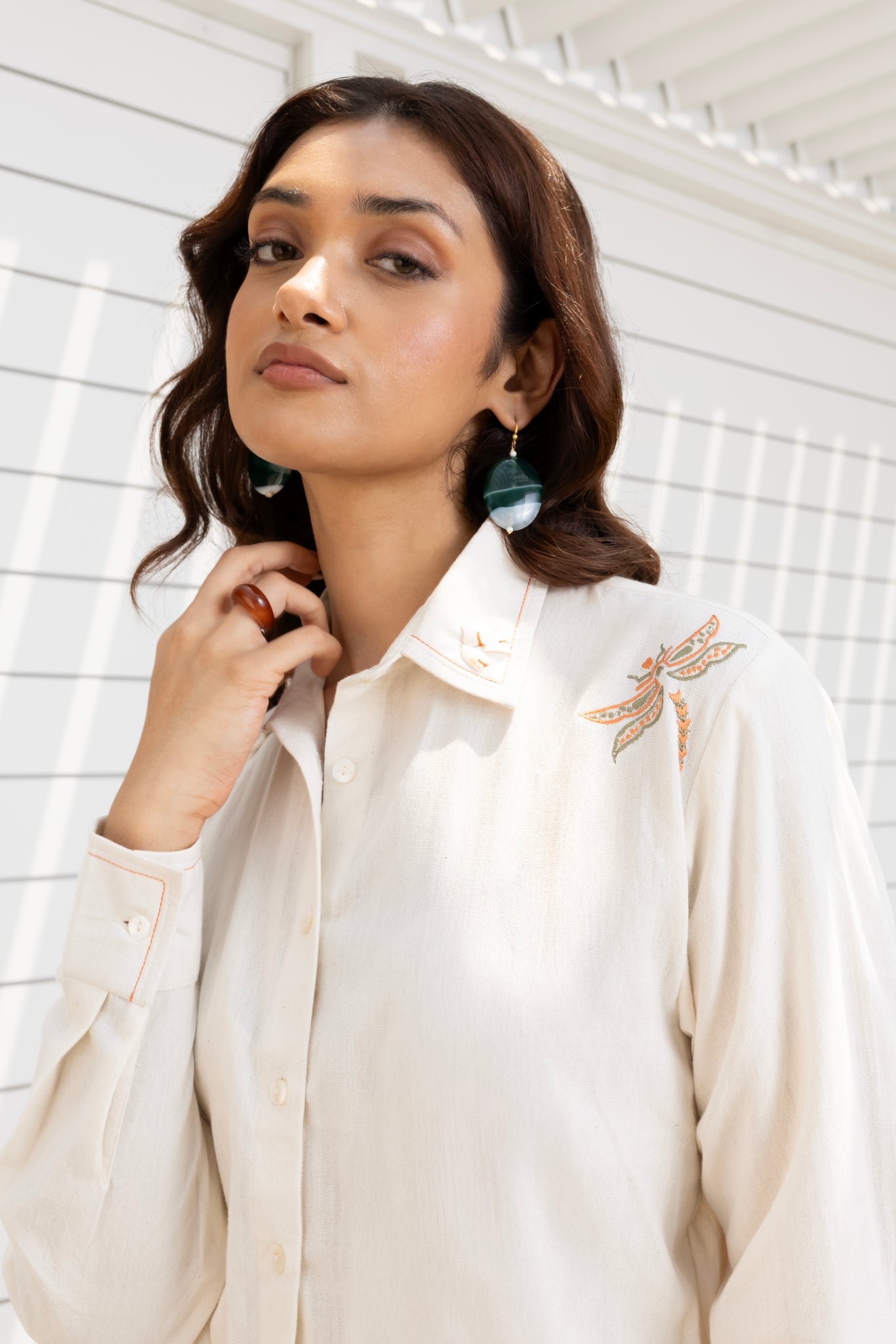 Butterfly Embroidered Cropped Shirt & Printed Wide-Leg Pants