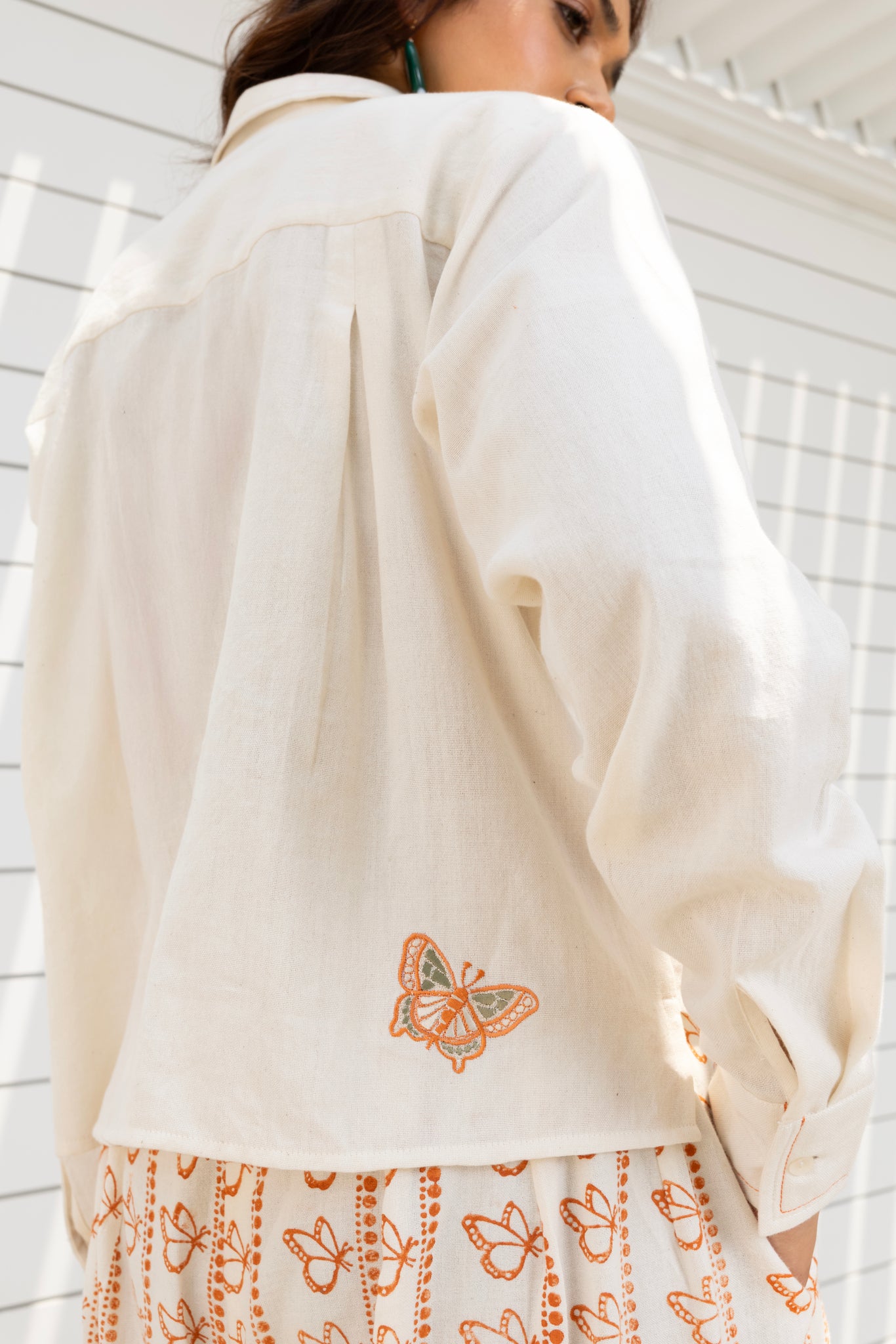 Butterfly Embroidered Cropped Shirt & Printed Wide-Leg Pants