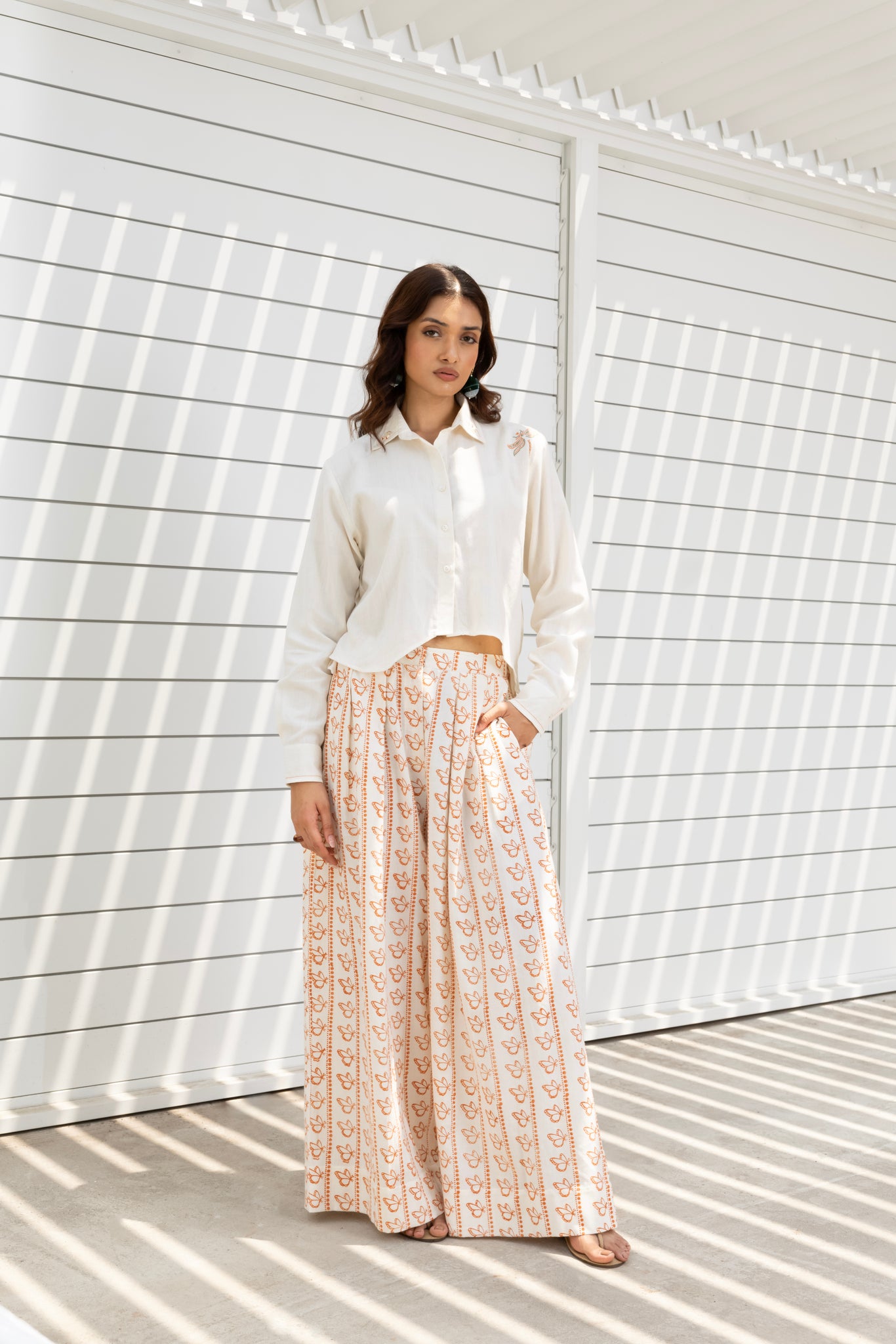 Butterfly Embroidered Cropped Shirt & Printed Wide-Leg Pants
