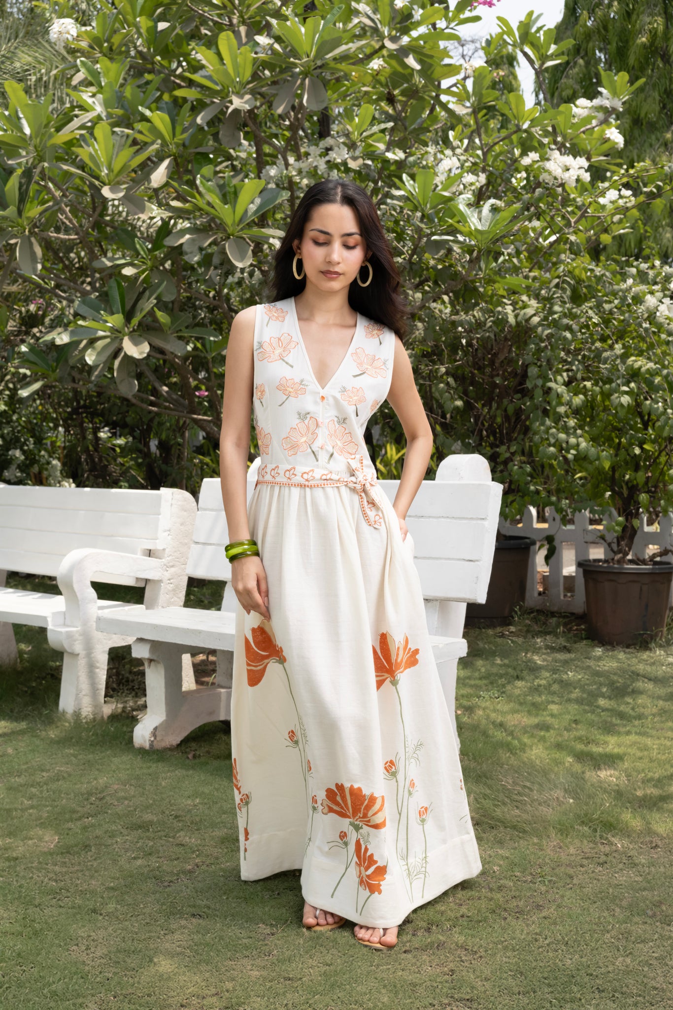 V-Neck Embroidered Floral Maxi Dress with Tie-Up Waist