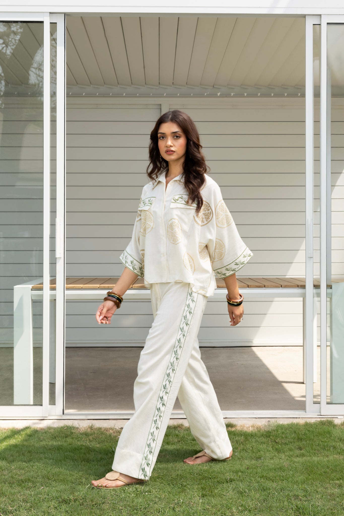 Boxy button down shirt & Straight Fit Embroidered Pants