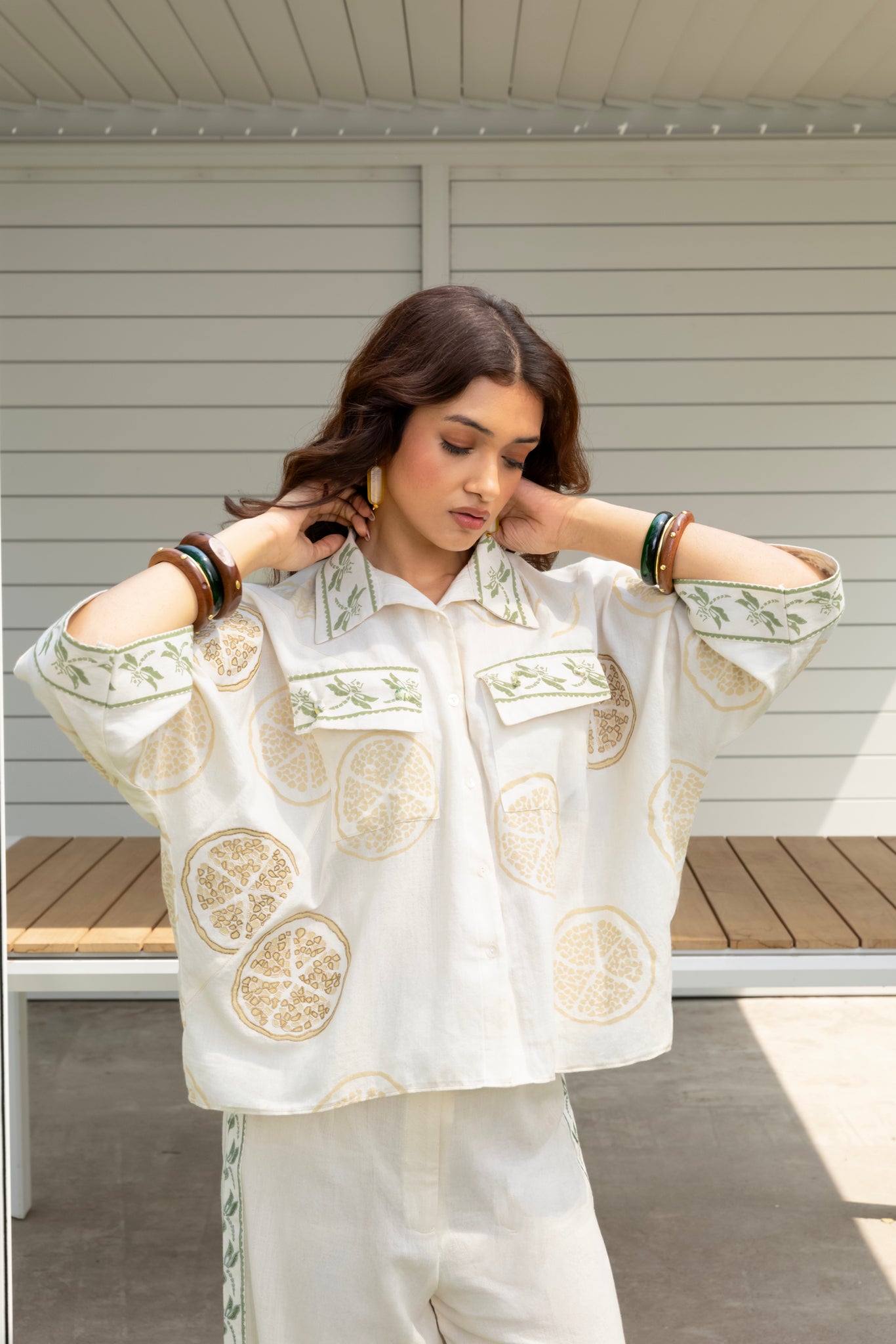 Boxy button down shirt & Straight Fit Embroidered Pants