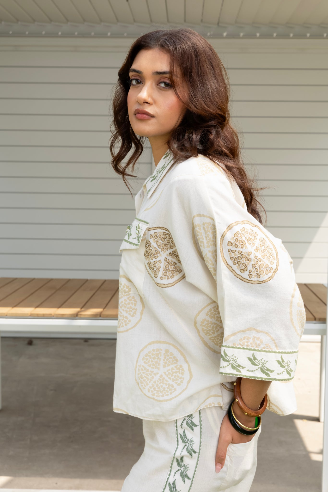 Boxy button down shirt & Straight Fit Embroidered Pants