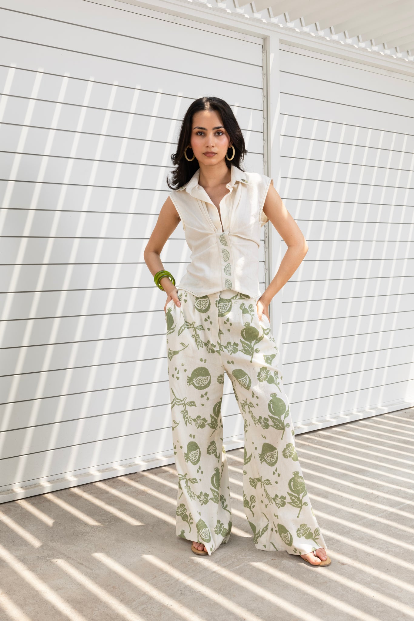 Front-Open Button Gathered Top with Embroidery & Printed wide leg Pants