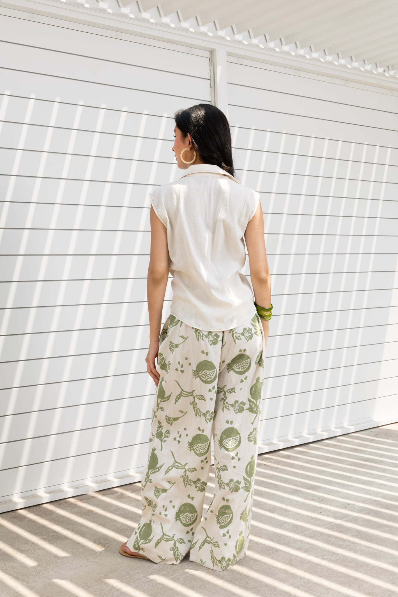Front-Open Button Gathered Top with Embroidery & Printed wide leg Pants