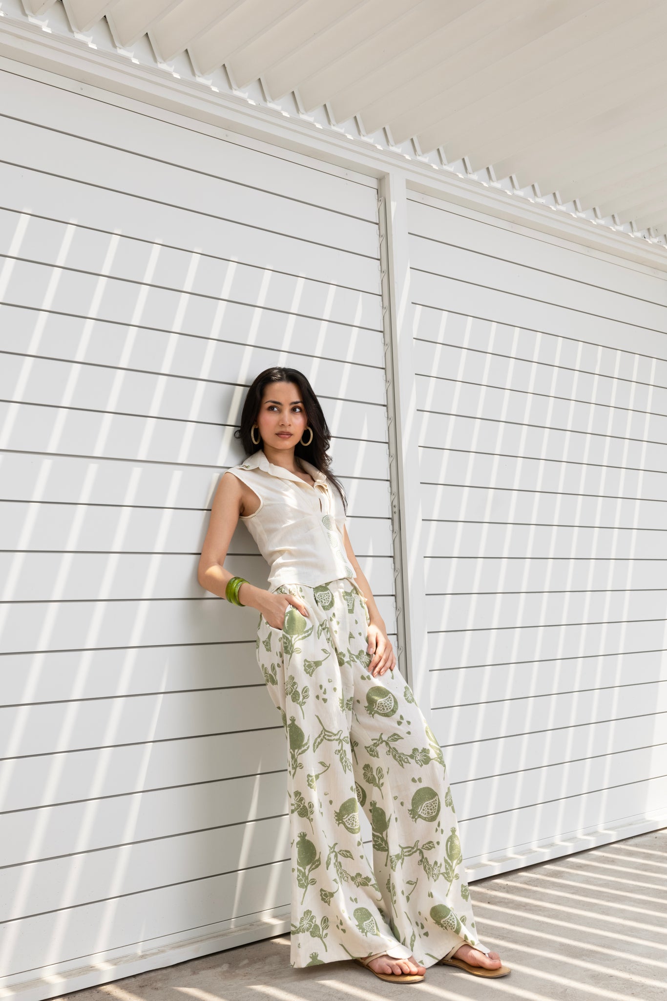 Front-Open Button Gathered Top with Embroidery & Printed wide leg Pants