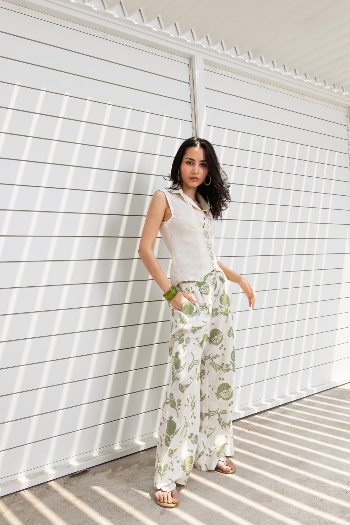 Front-Open Button Gathered Top with Embroidery & Printed wide leg Pants