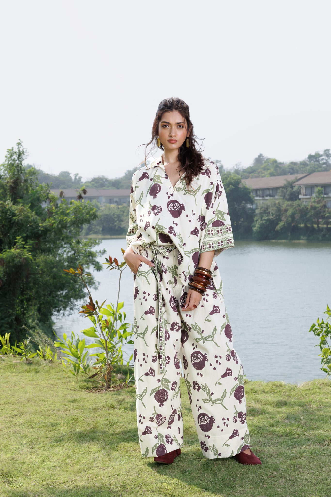 Boxy Oversized Top with Embroidered Collar & Sleeves and Pleated Wide-Leg Pants with Side Belt
