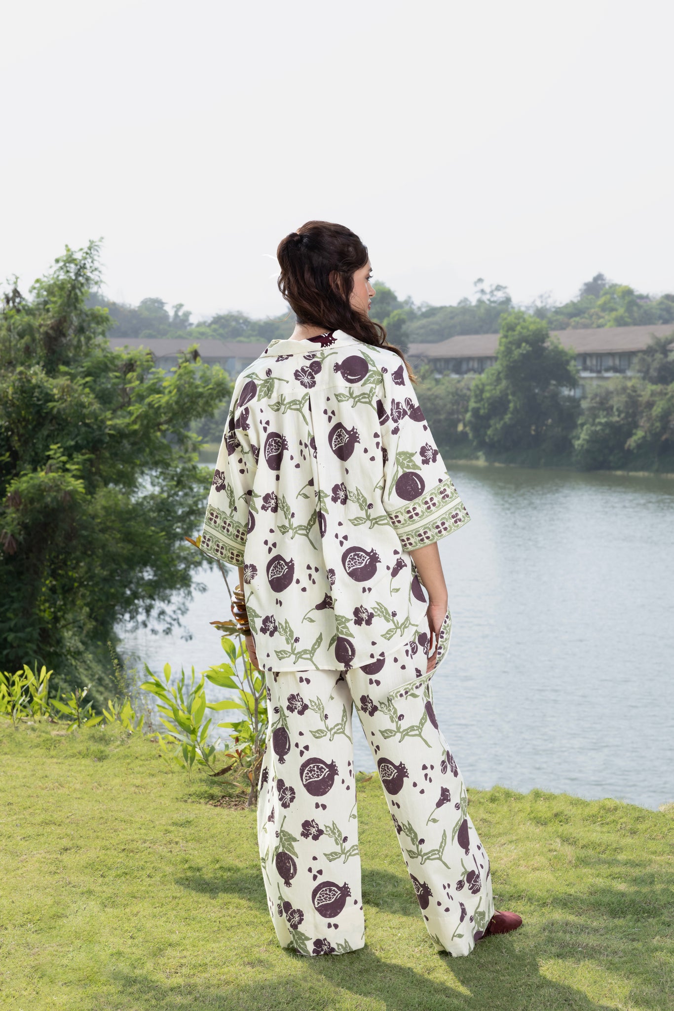 Boxy Oversized Top with Embroidered Collar & Sleeves and Pleated Wide-Leg Pants with Side Belt