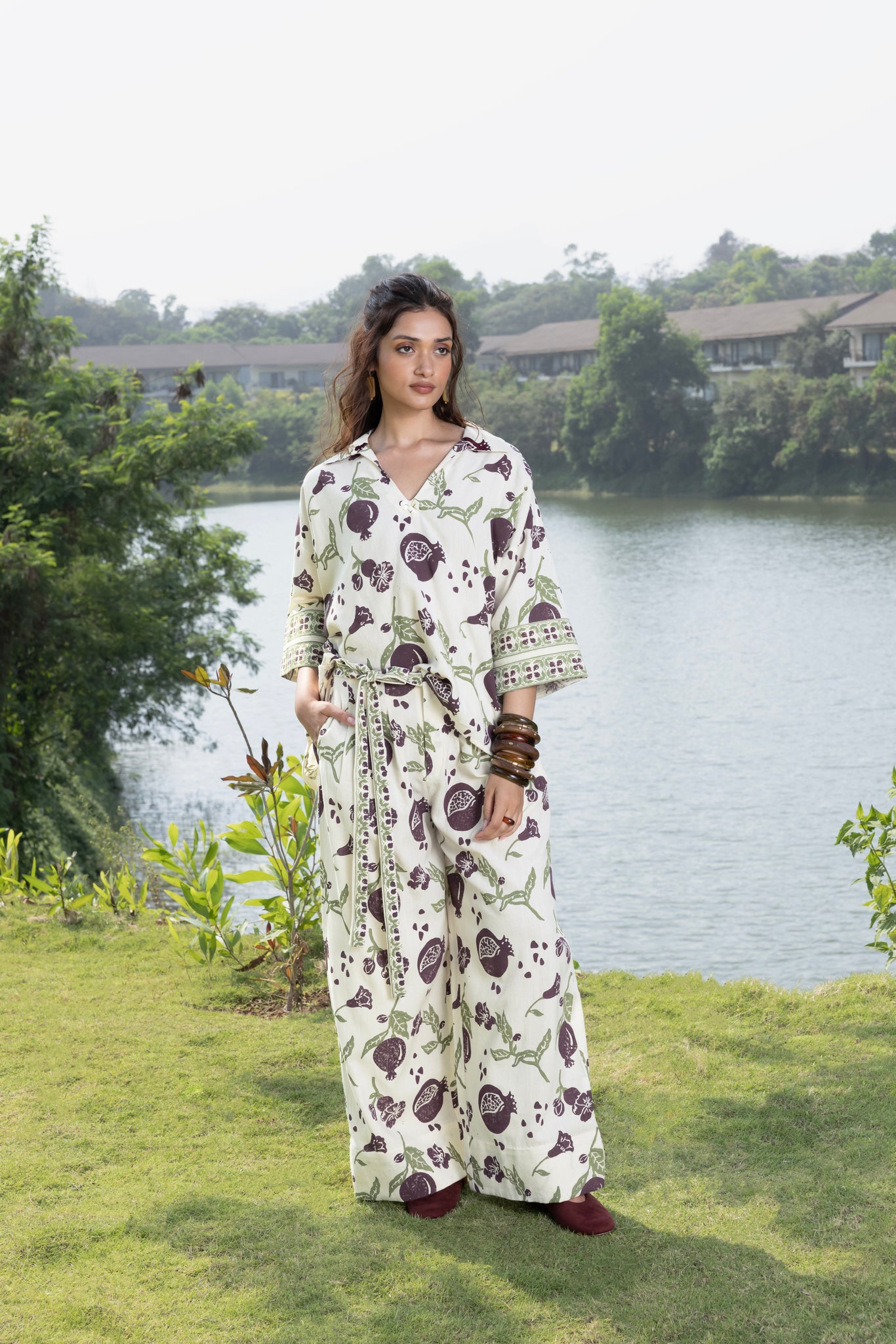 Boxy Oversized Top with Embroidered Collar & Sleeves and Pleated Wide-Leg Pants with Side Belt