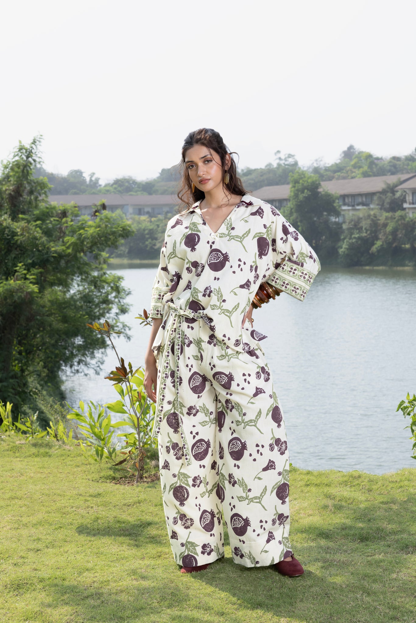 Boxy Oversized Top with Embroidered Collar & Sleeves and Pleated Wide-Leg Pants with Side Belt