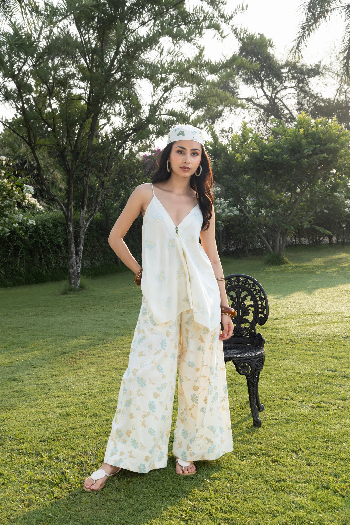 Butterfly Embriodered V-Neck Cami Top with Adjustable Straps Printed & Wide-Leg Pants with Side Elastic Waist