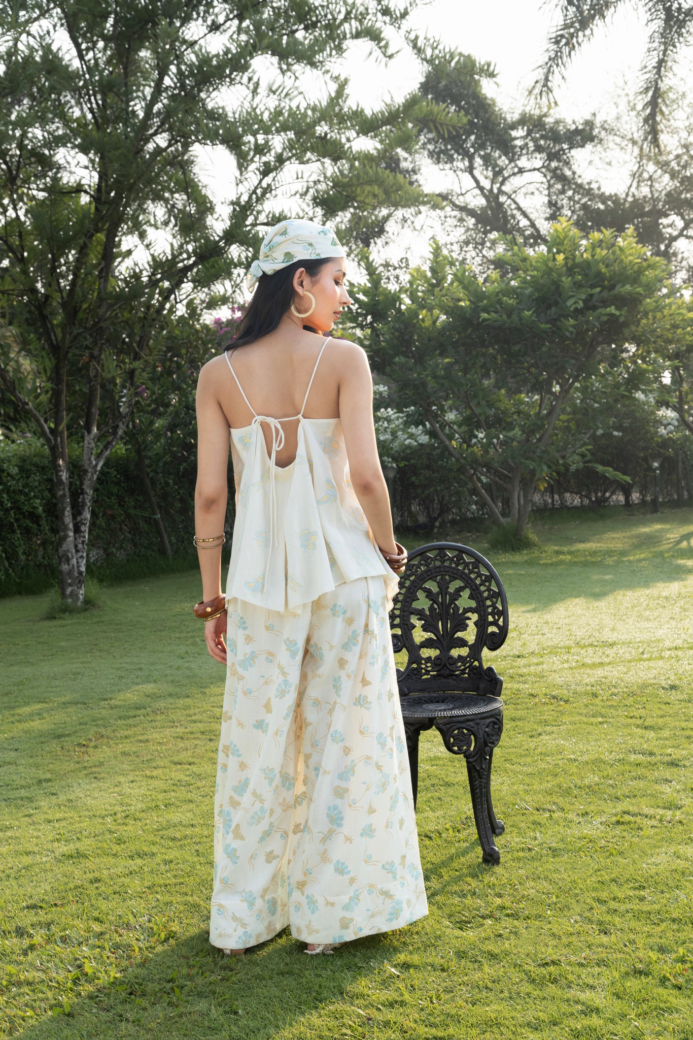 Butterfly Embriodered V-Neck Cami Top with Adjustable Straps Printed & Wide-Leg Pants with Side Elastic Waist