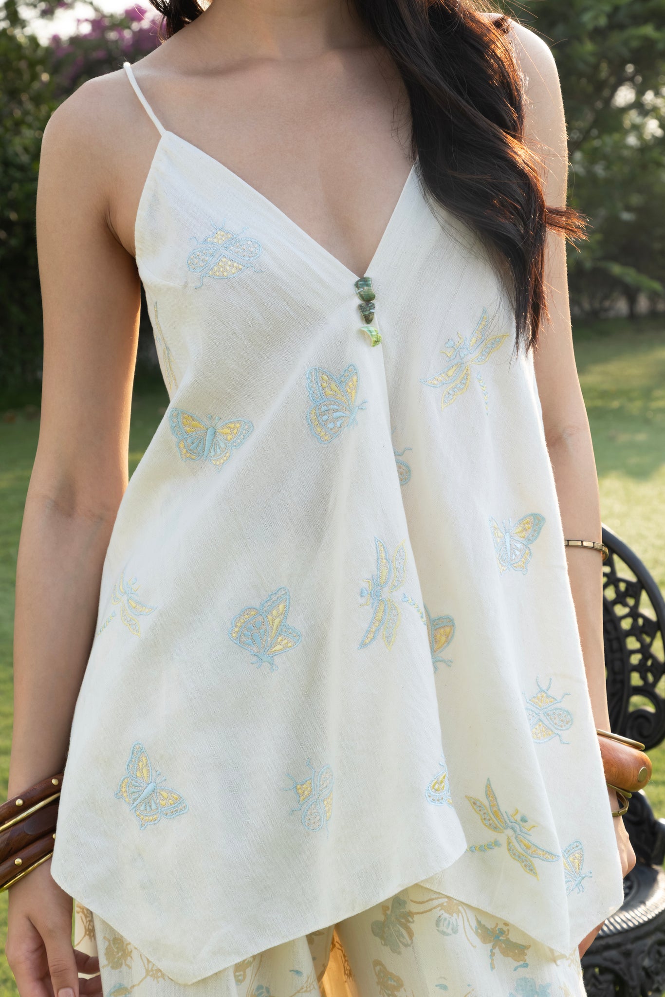 Butterfly Embriodered V-Neck Cami Top with Adjustable Straps Printed & Wide-Leg Pants with Side Elastic Waist