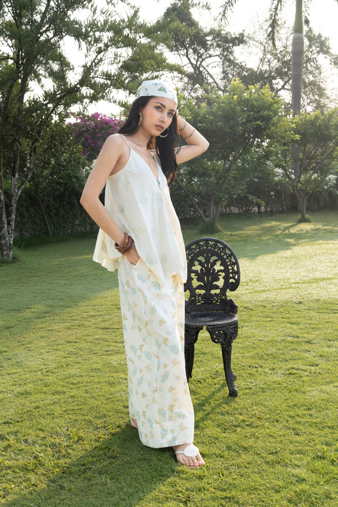 Butterfly Embriodered V-Neck Cami Top with Adjustable Straps Printed & Wide-Leg Pants with Side Elastic Waist