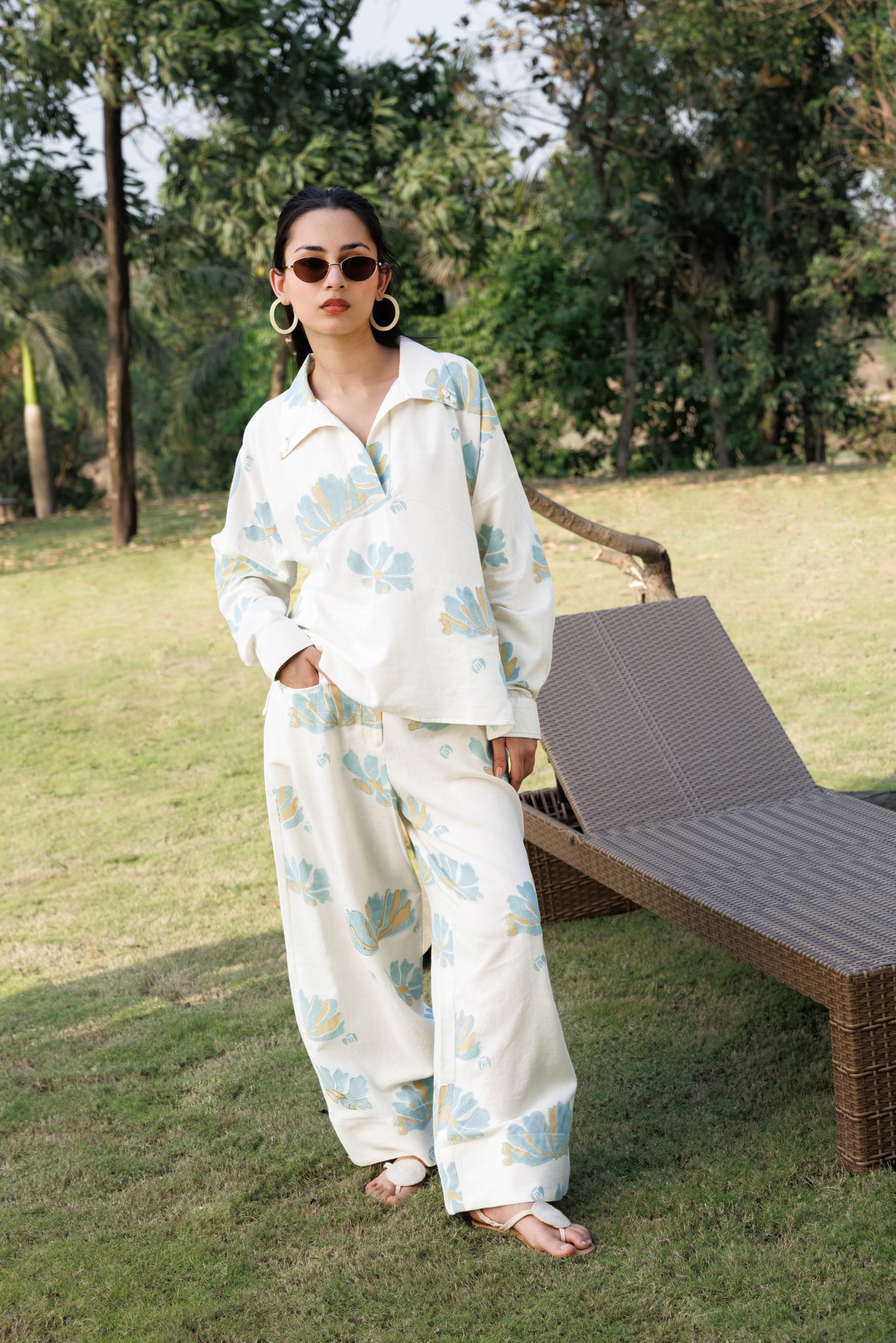 Collared top with Stitch Detailing & Wide-Leg Pants with Front Pocket Detail