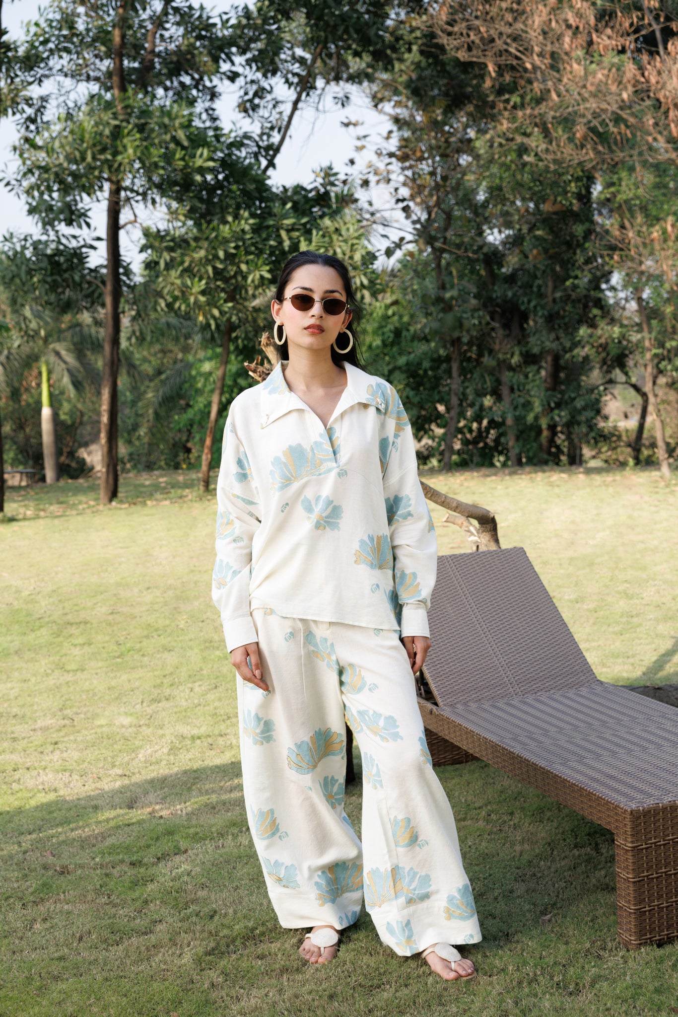 Collared top with Stitch Detailing & Wide-Leg Pants with Front Pocket Detail