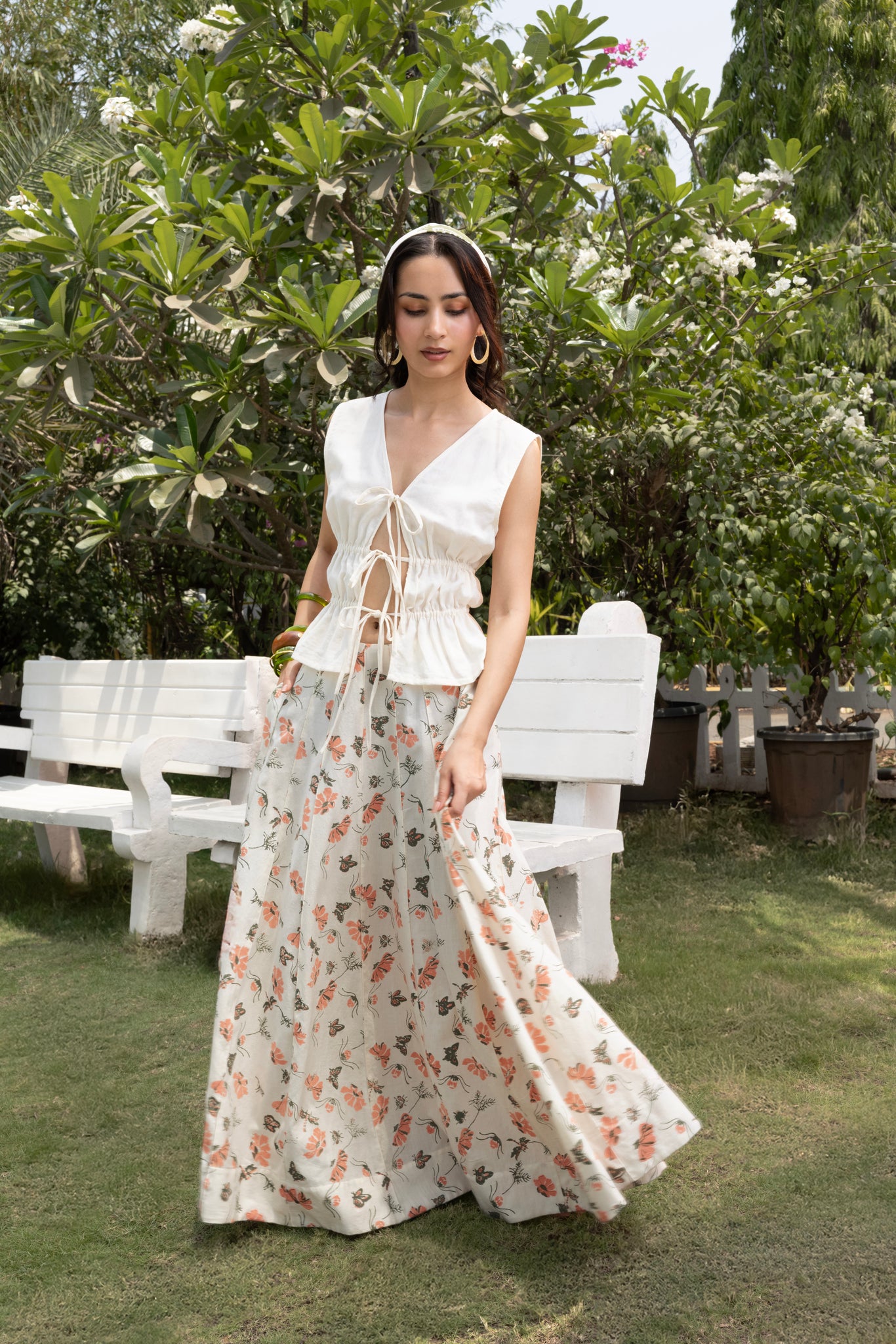 Organic cotton Front Tie-Up Top with Floral A-Line Paneled Maxi Skirt
