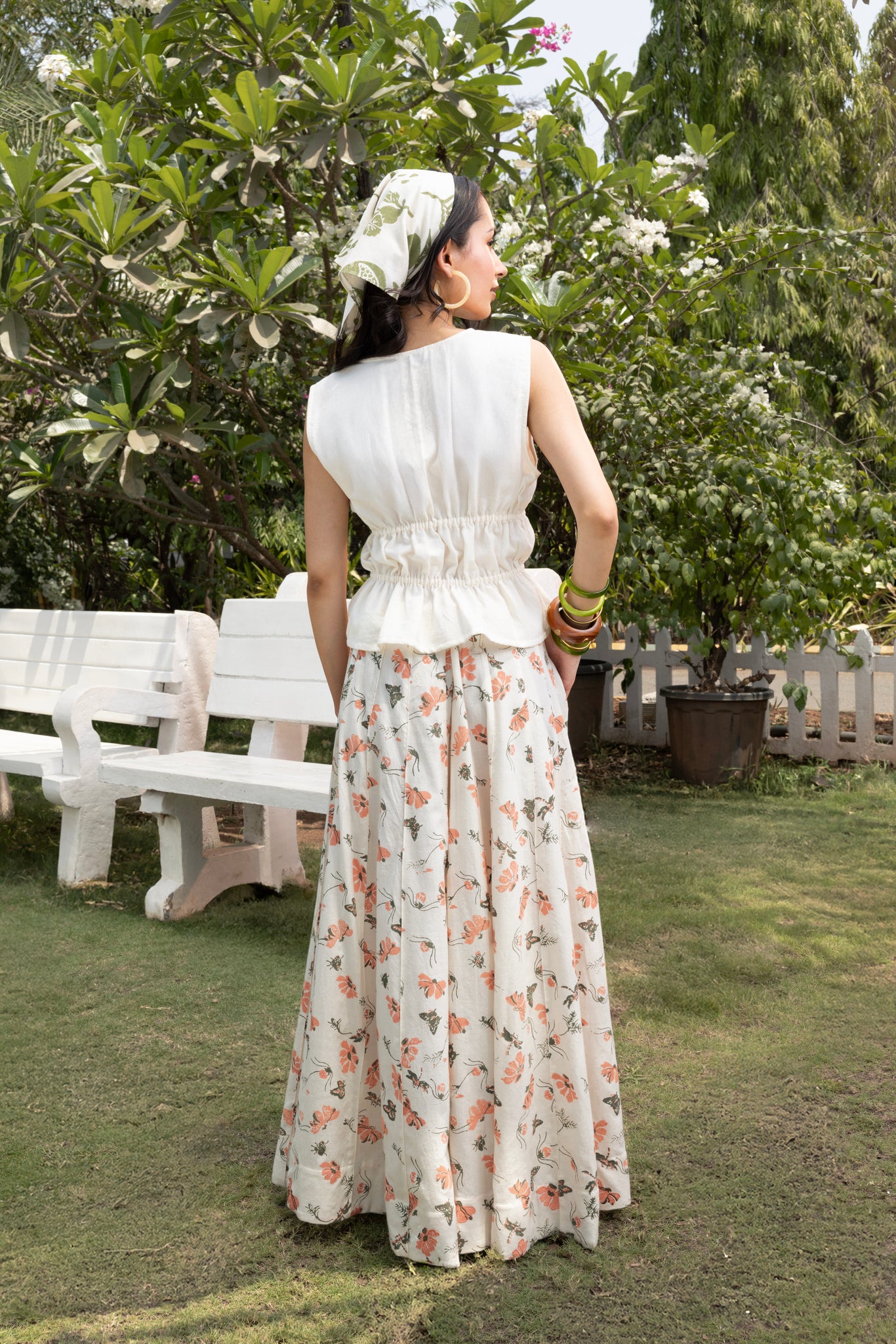 Organic cotton Front Tie-Up Top with Floral A-Line Paneled Maxi Skirt
