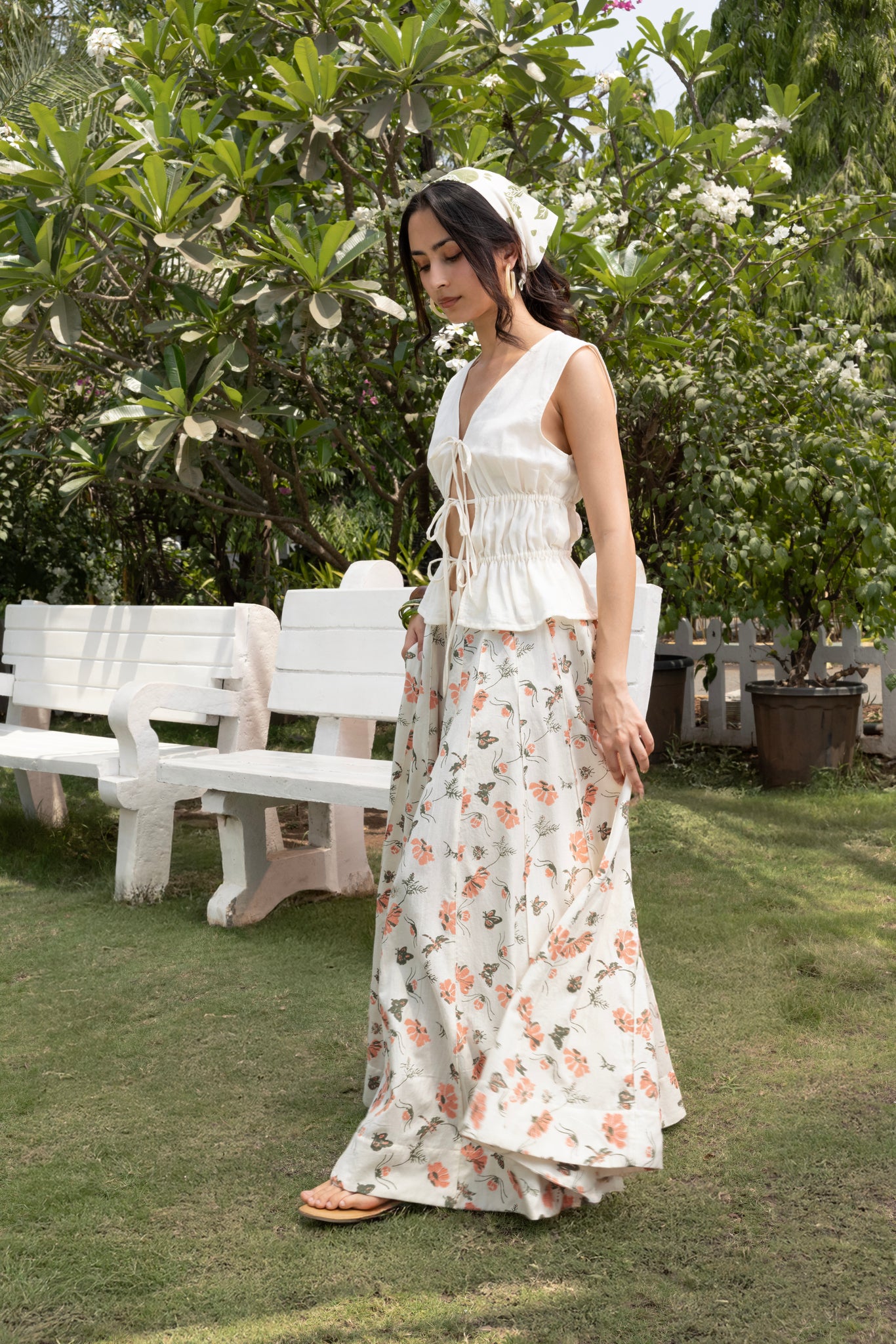 Organic cotton Front Tie-Up Top with Floral A-Line Paneled Maxi Skirt