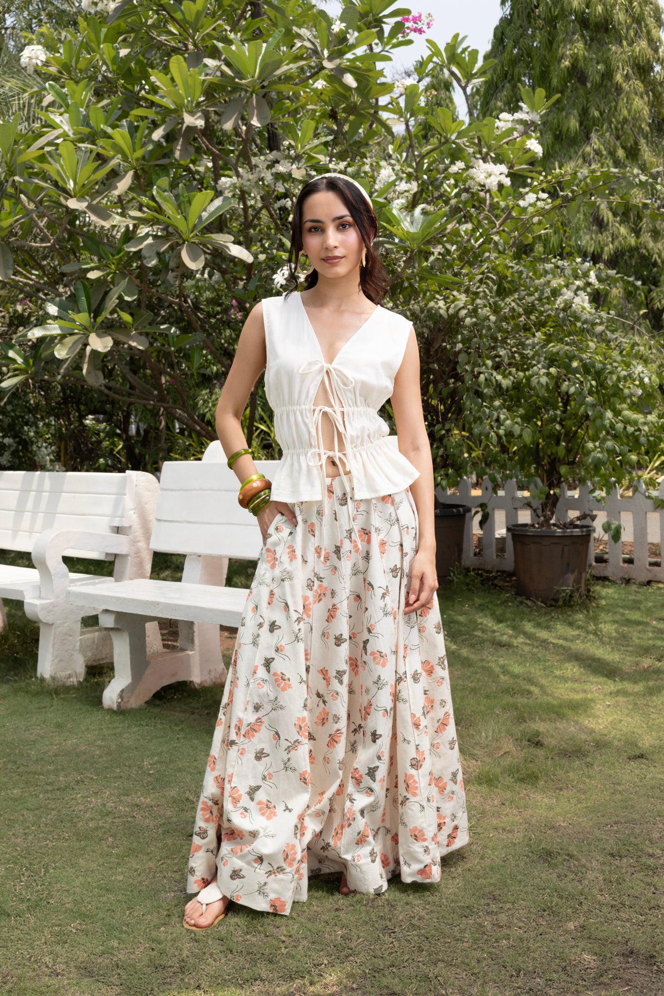 Organic cotton Front Tie-Up Top with Floral A-Line Paneled Maxi Skirt
