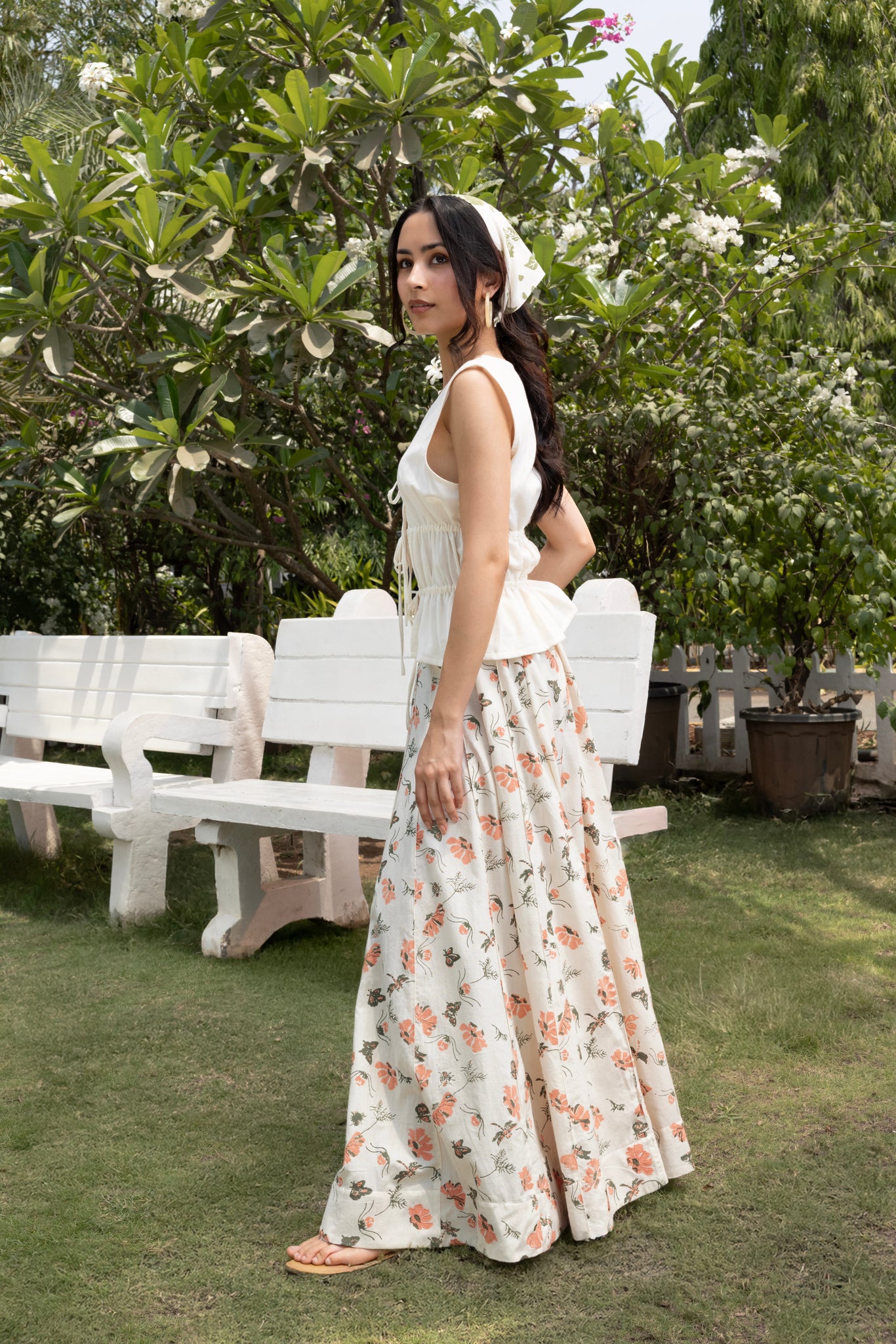 Organic cotton Front Tie-Up Top with Floral A-Line Paneled Maxi Skirt