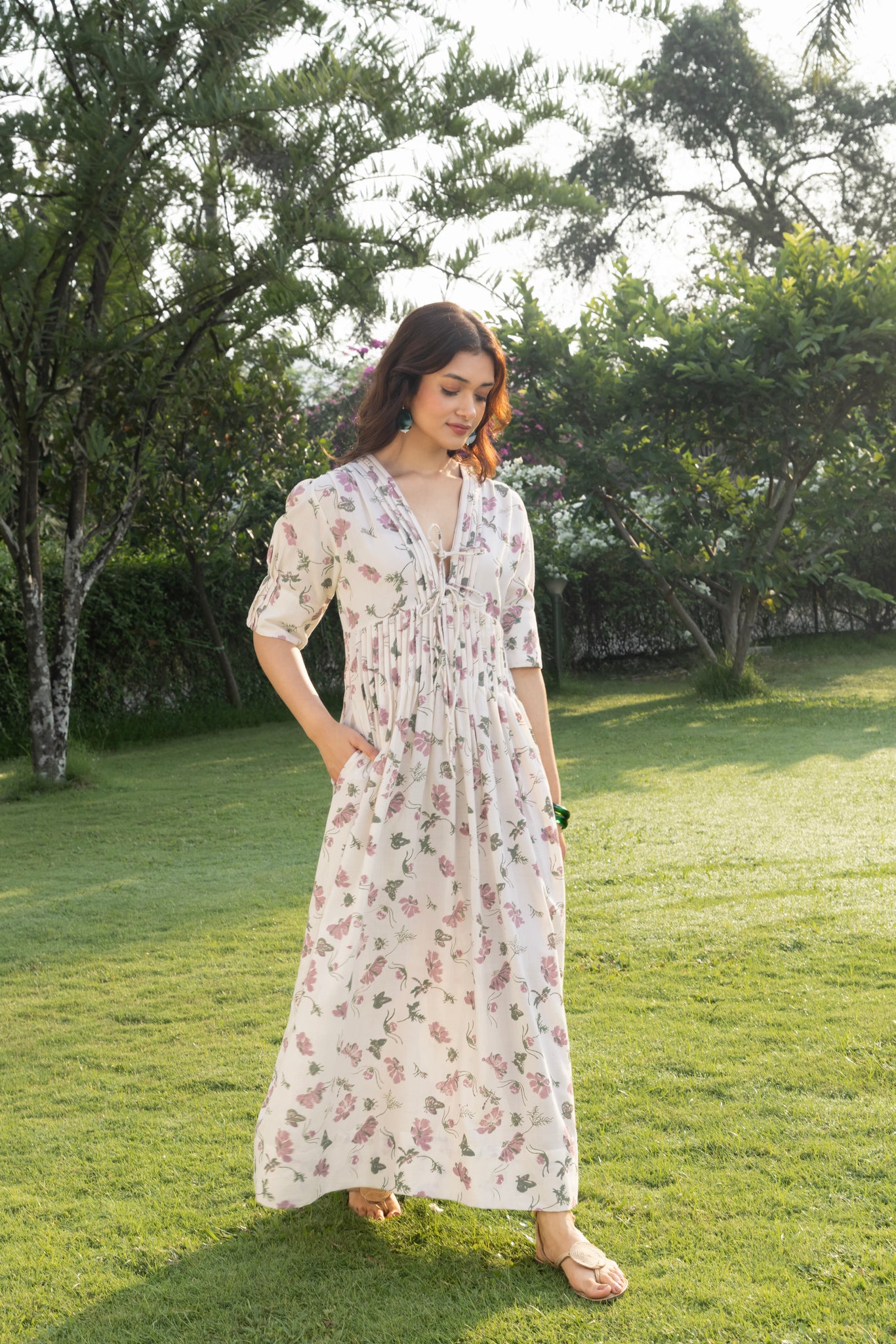 V-Neck Pleated Maxi Dress with Embroidery