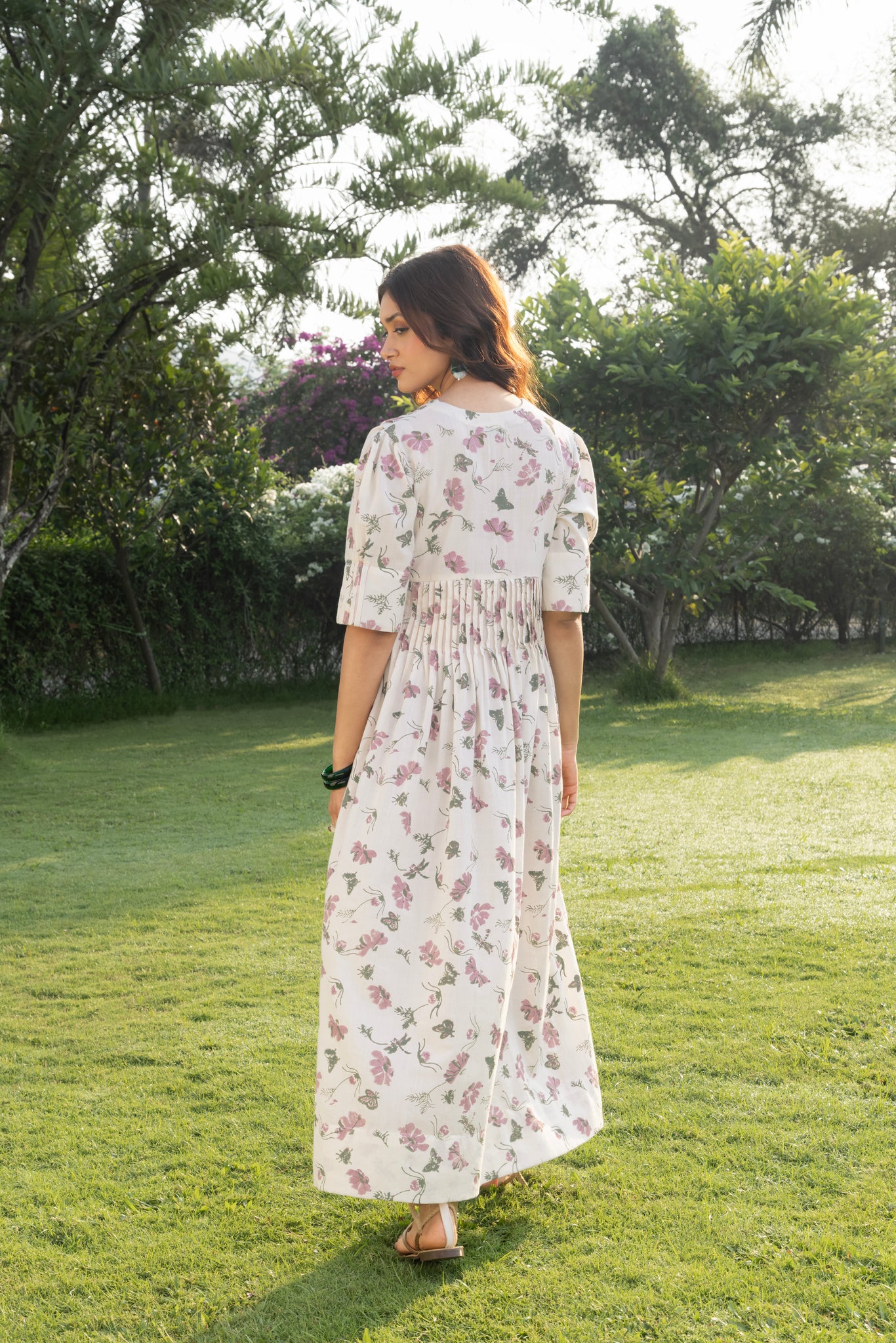 V-Neck Pleated Maxi Dress with Embroidery