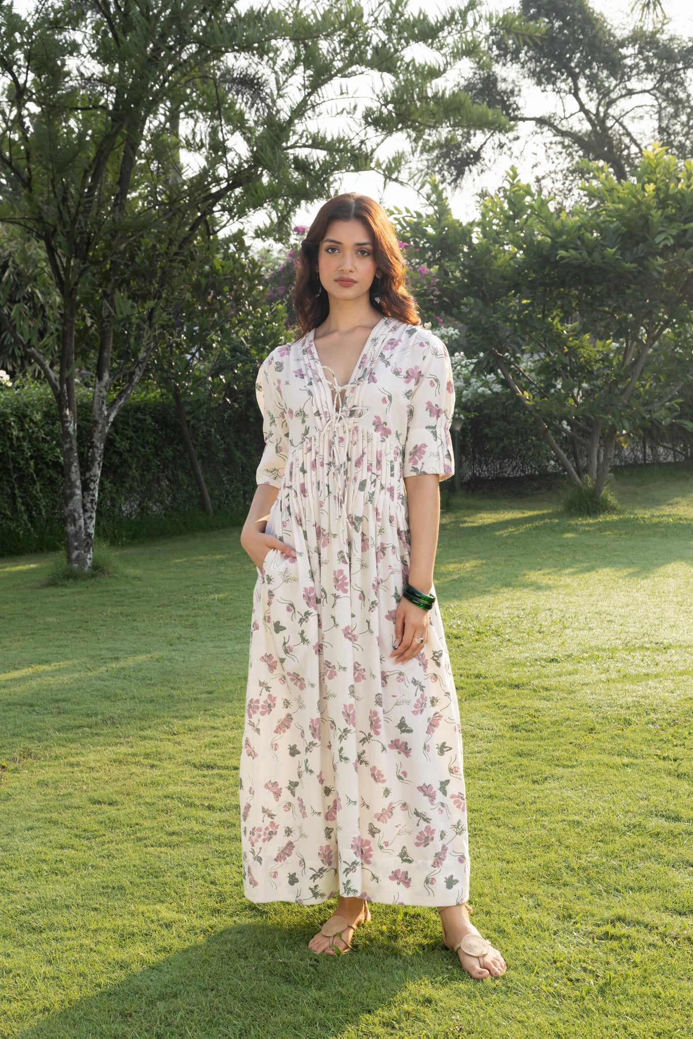 V-Neck Pleated Maxi Dress with Embroidery