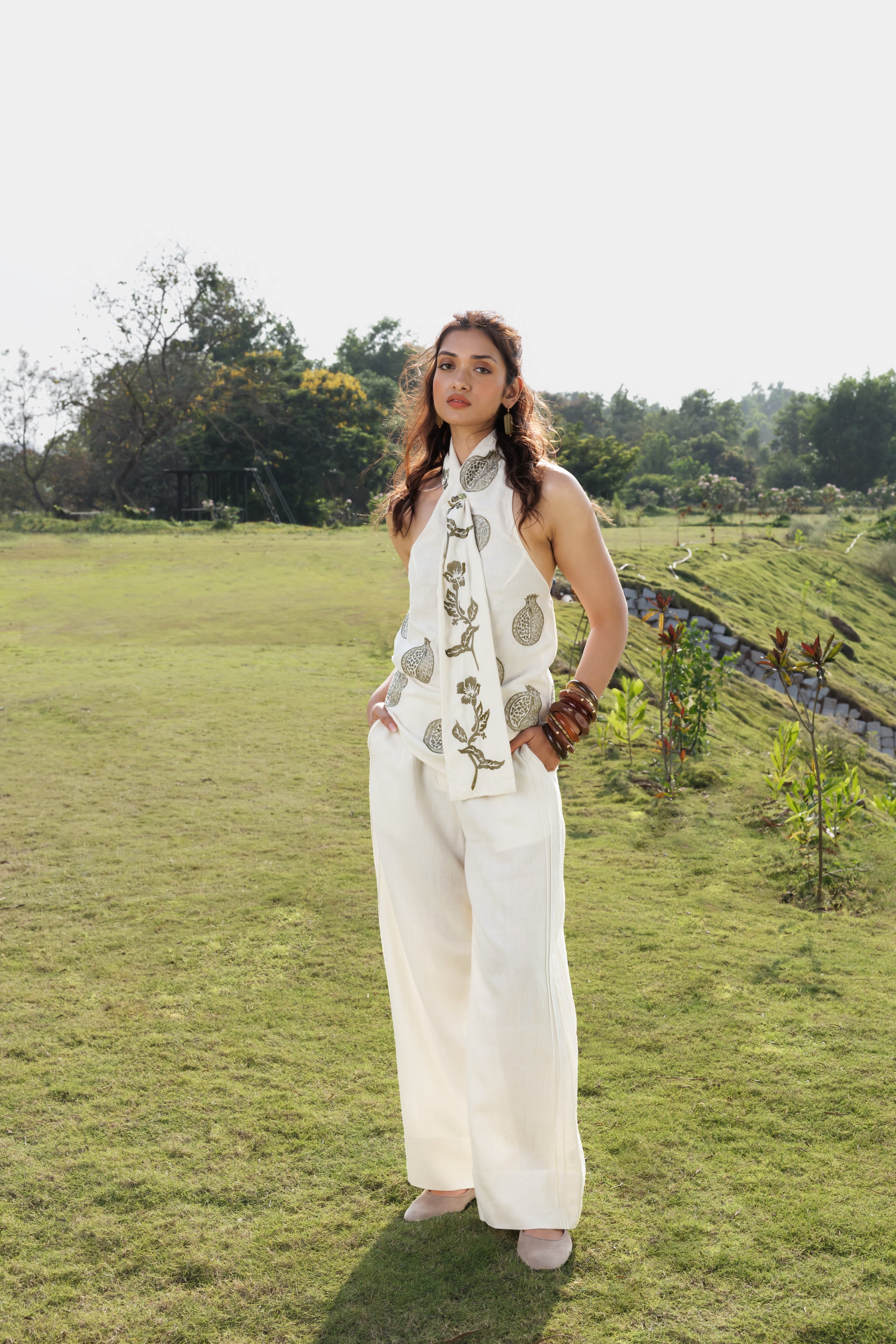 Embroidered scandavian scarf Top & Organic Cotton Straight Fit Pants with Side Pleats