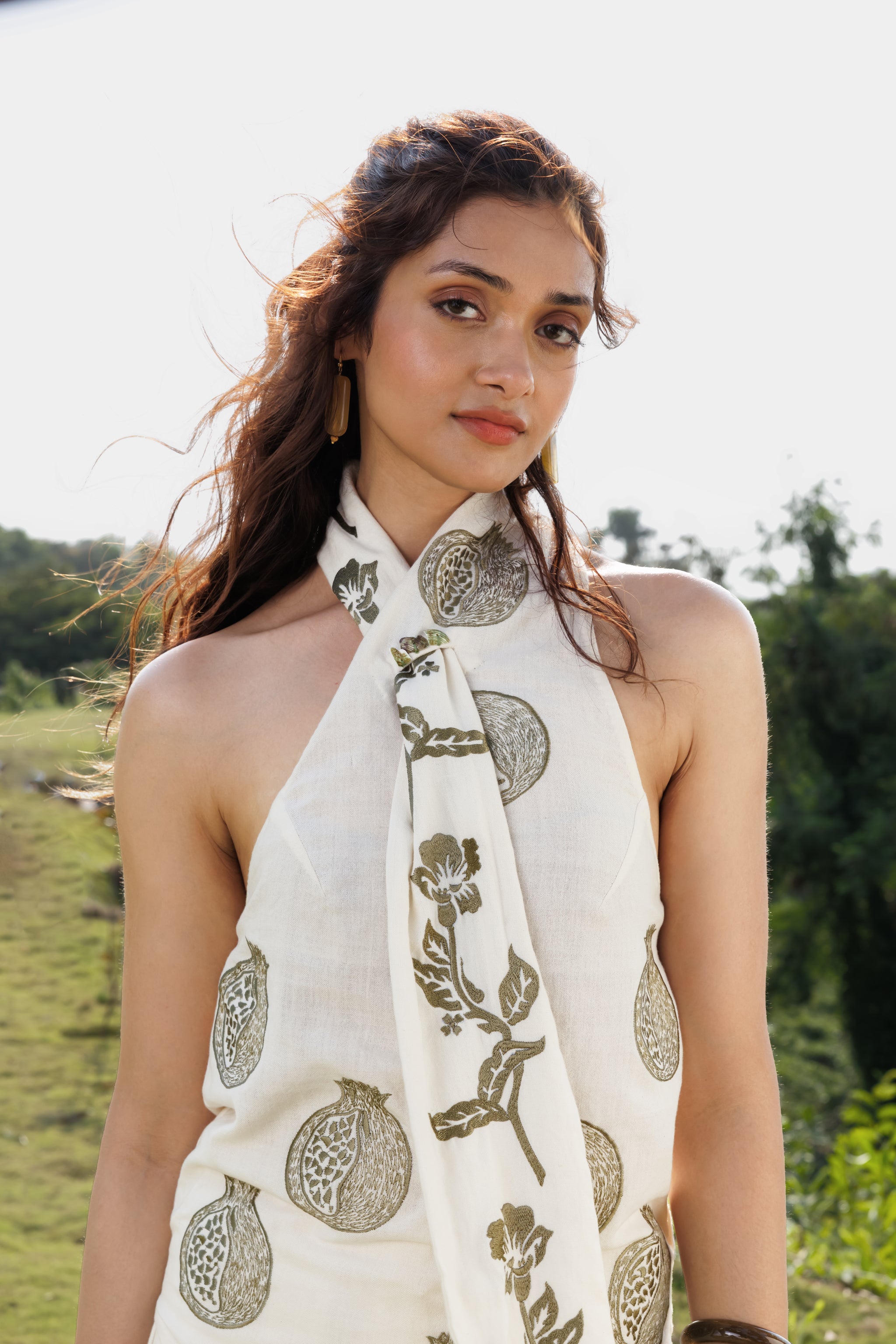 Embroidered scandavian scarf Top & Organic Cotton Straight Fit Pants with Side Pleats