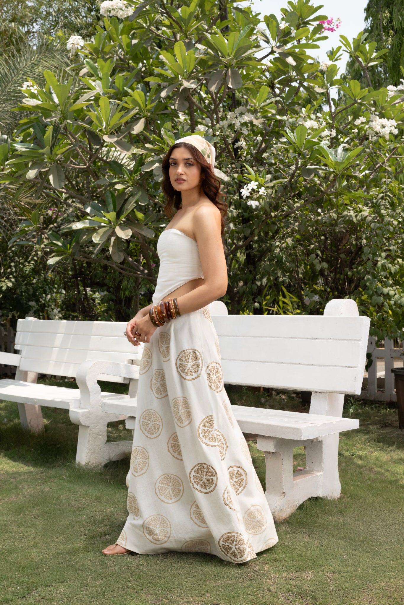 Bandana Tube Top with Ruched Back & Embroidered A-Line Skirt