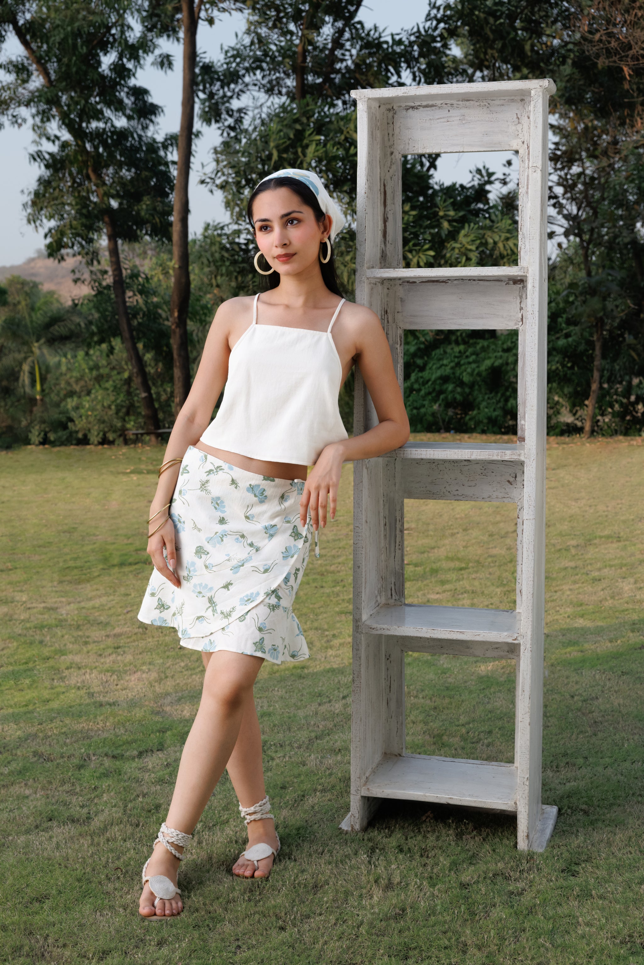 Criss-Cross Back Crop Top with Tie-Up Detail & Wrap Around Skirt with Embroidered Ruffle