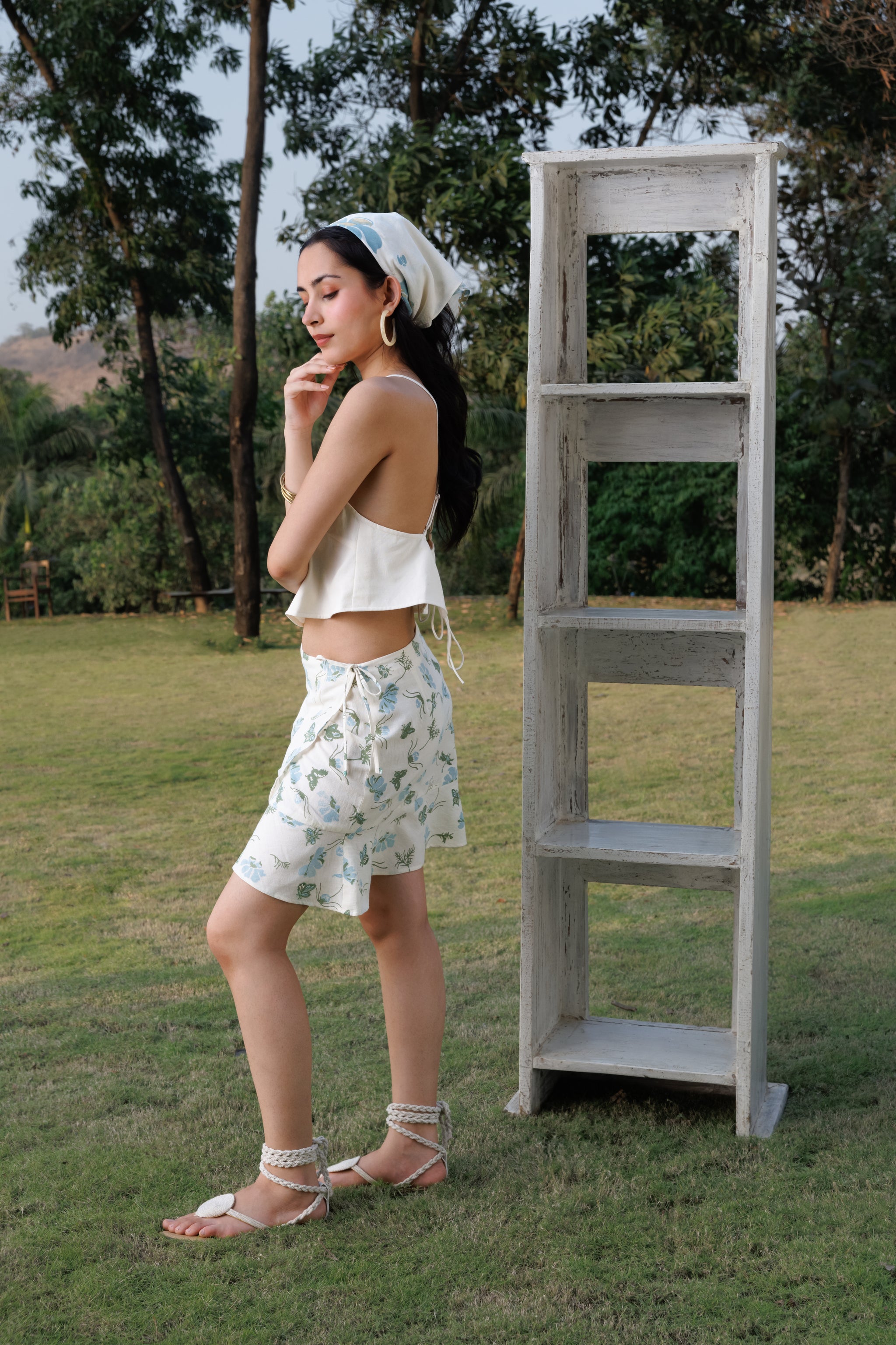 Criss-Cross Back Crop Top with Tie-Up Detail & Wrap Around Skirt with Embroidered Ruffle
