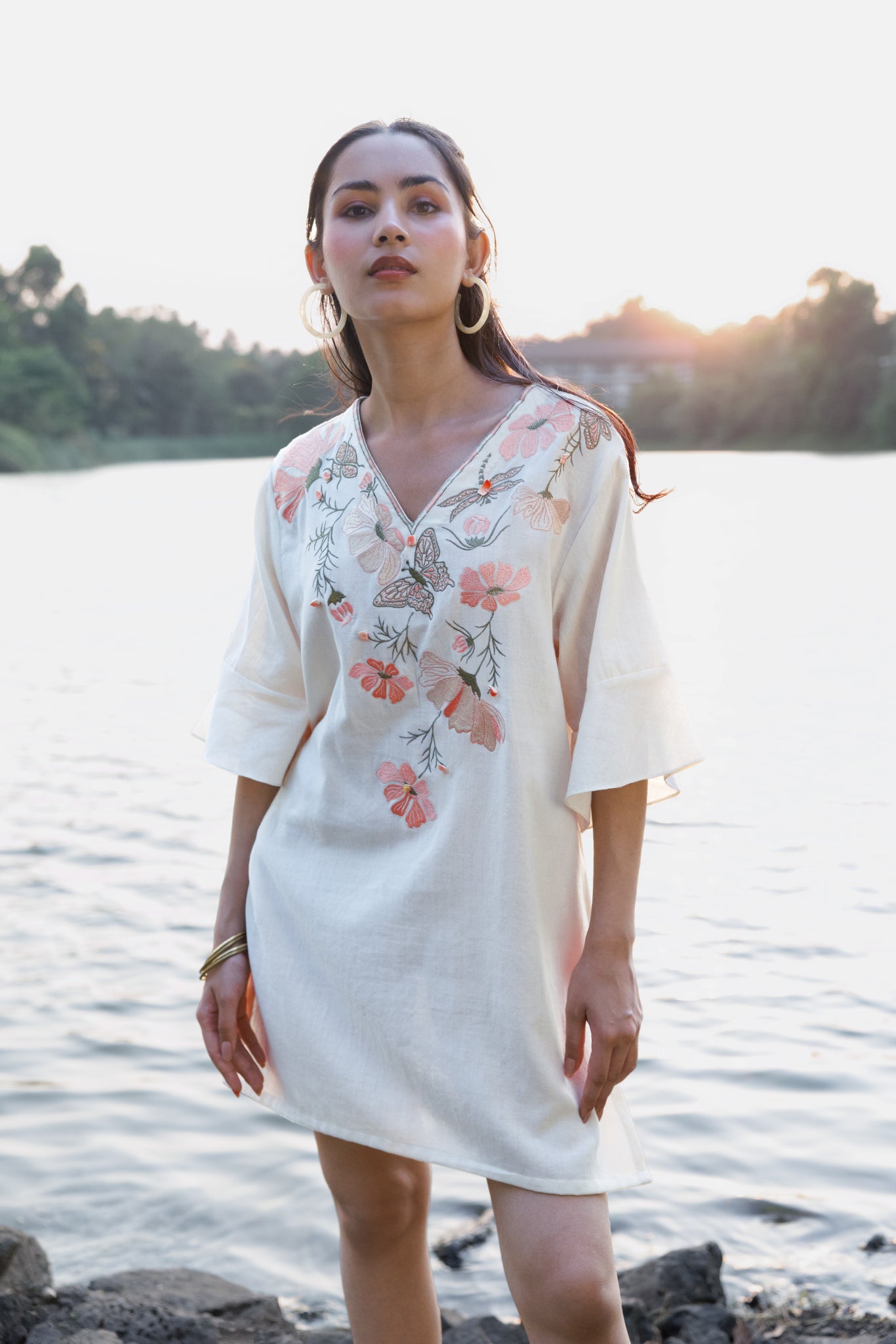 Floral Embroidered Short Kaftan Dress