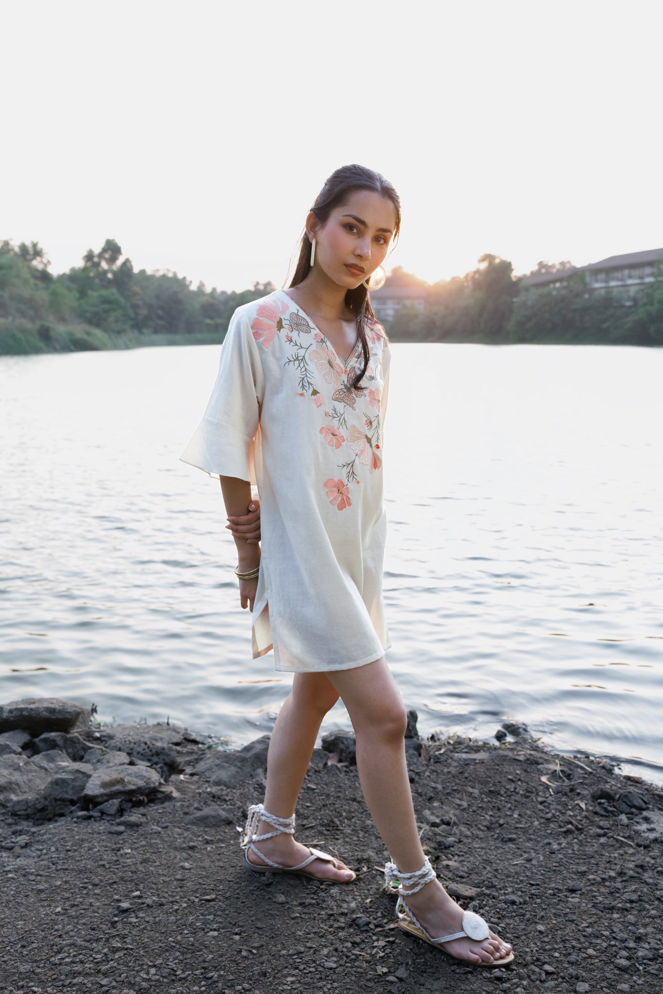 Floral Embroidered Short Kaftan Dress