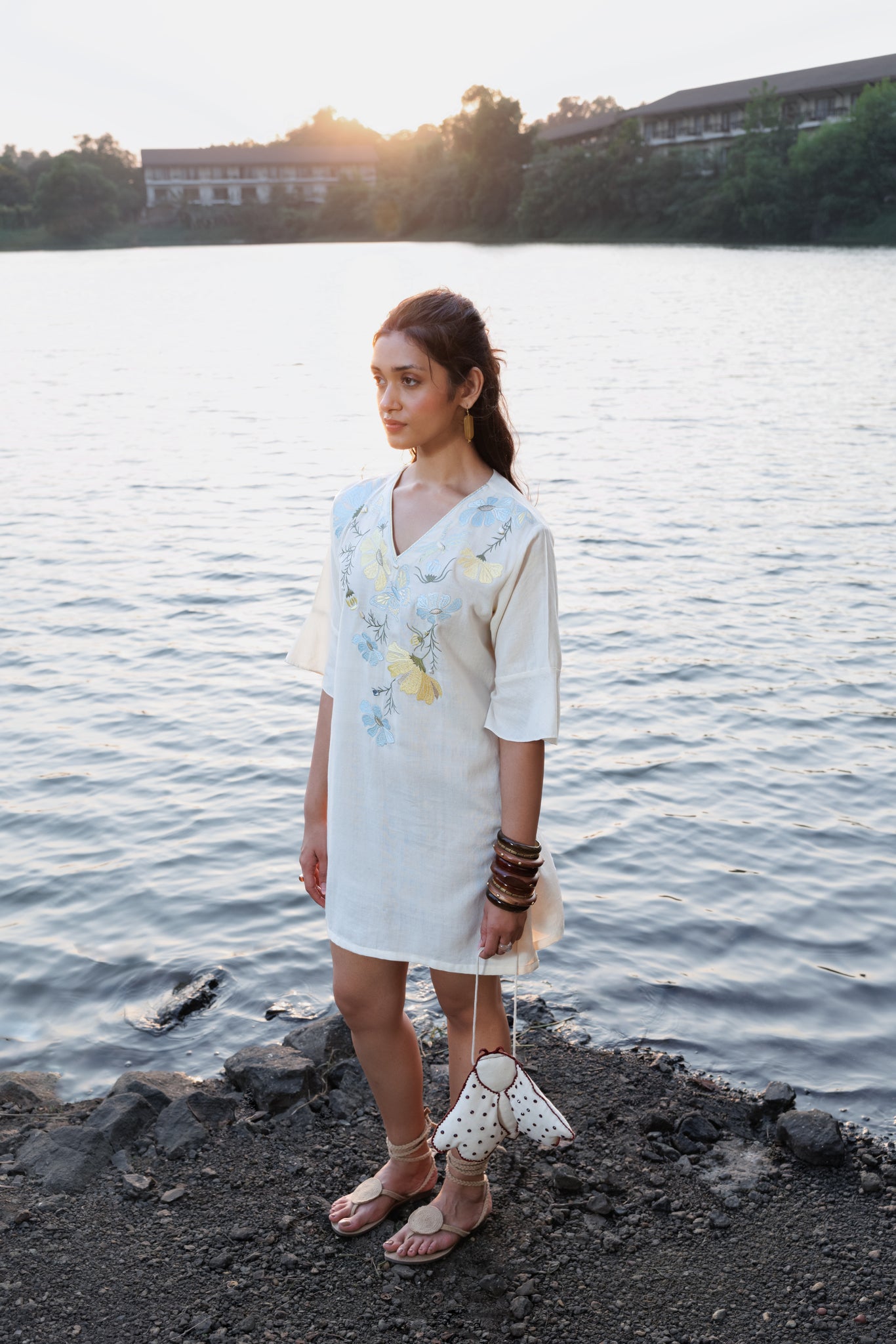 Floral Embroidered Short Kaftan Dress