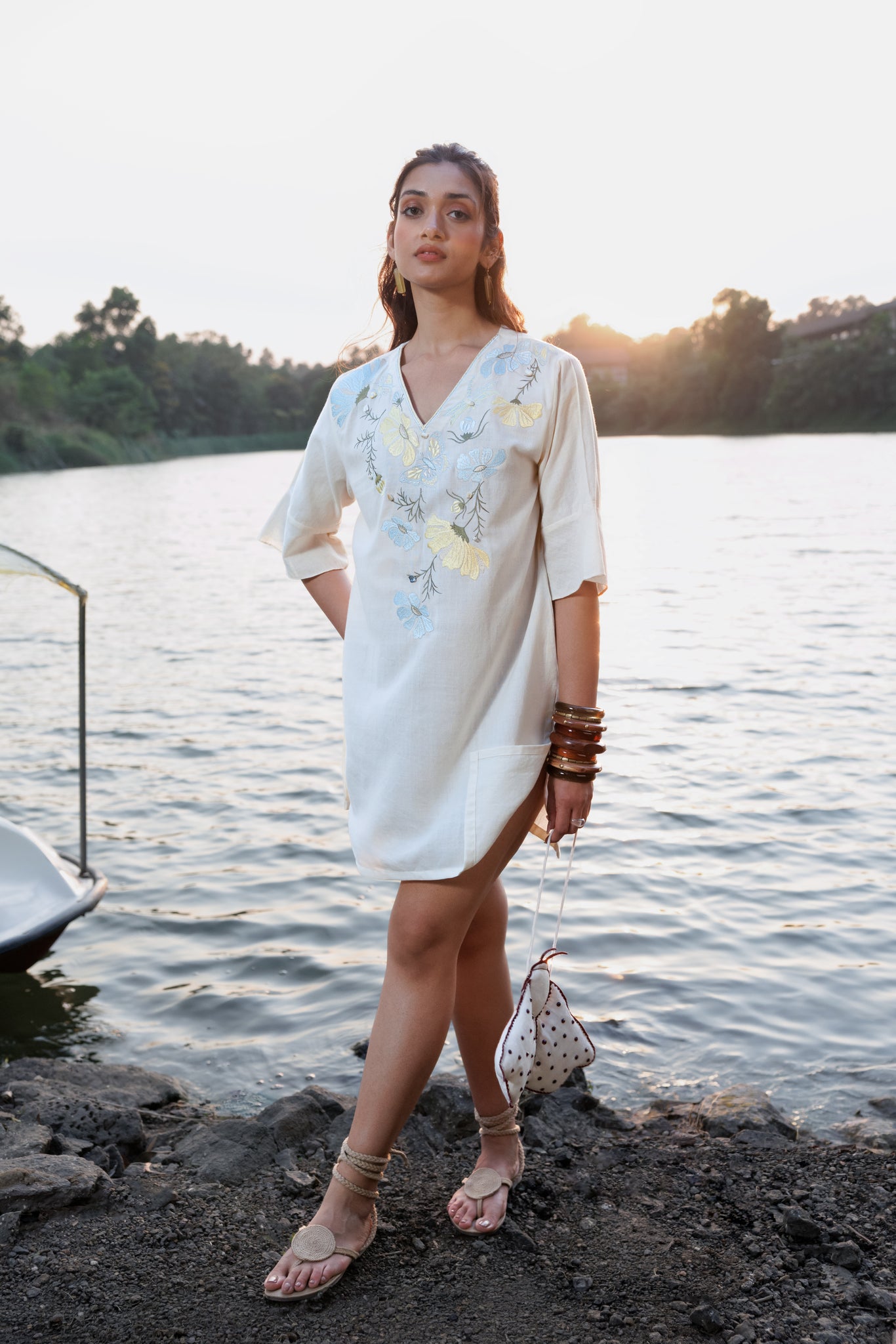 Floral Embroidered Short Kaftan Dress