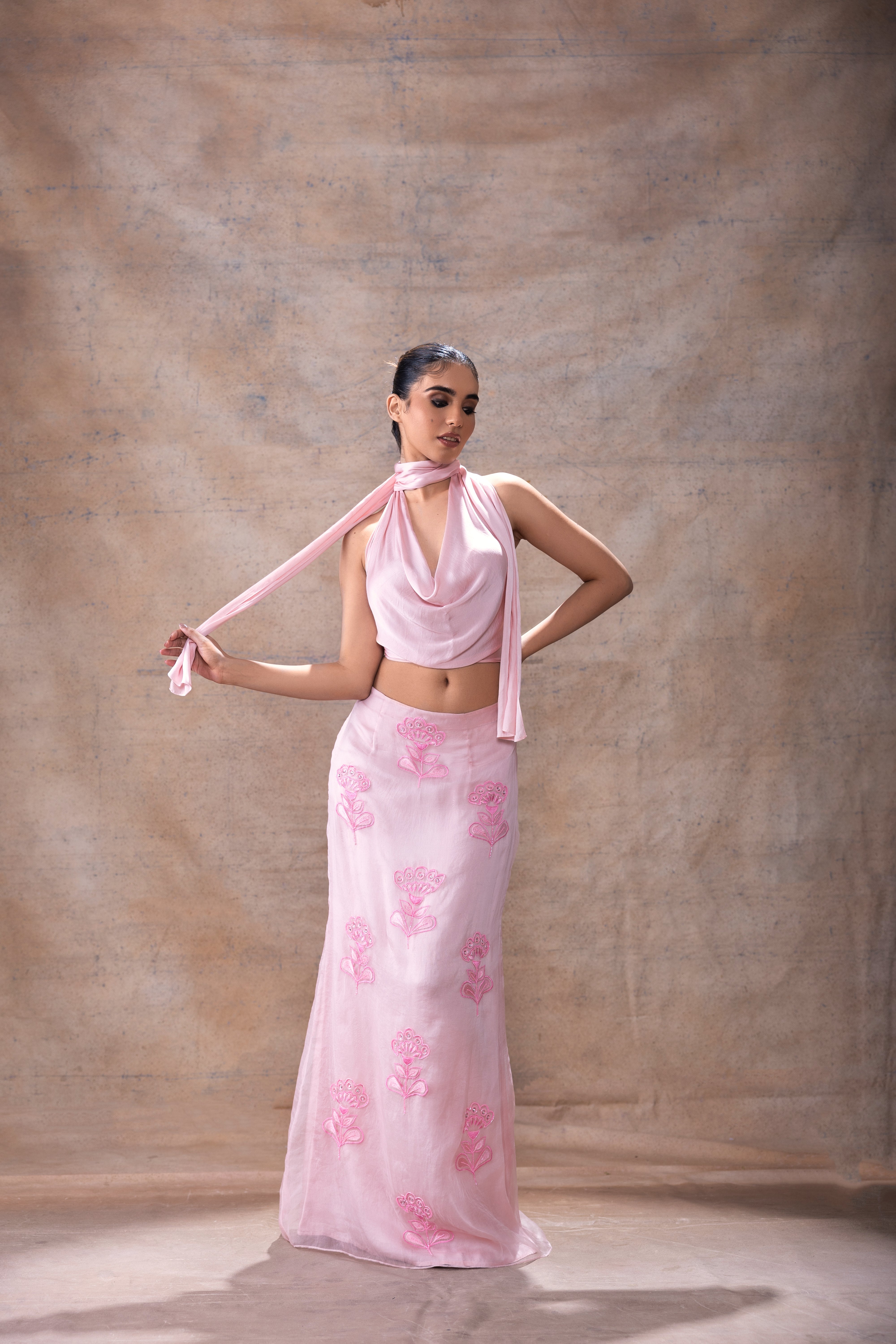 Cowl neck and embroidered skirt set