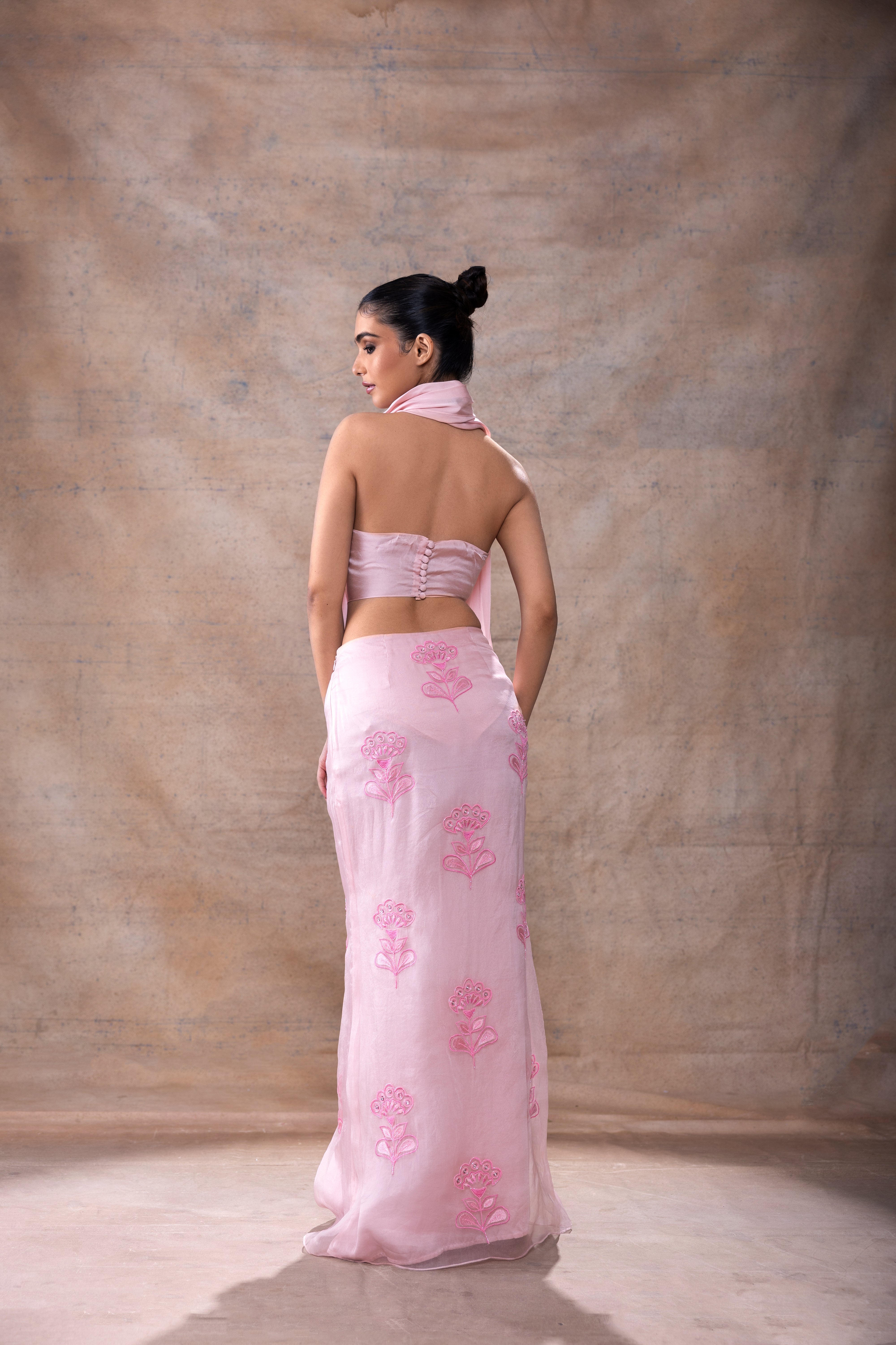 Cowl neck and embroidered skirt set