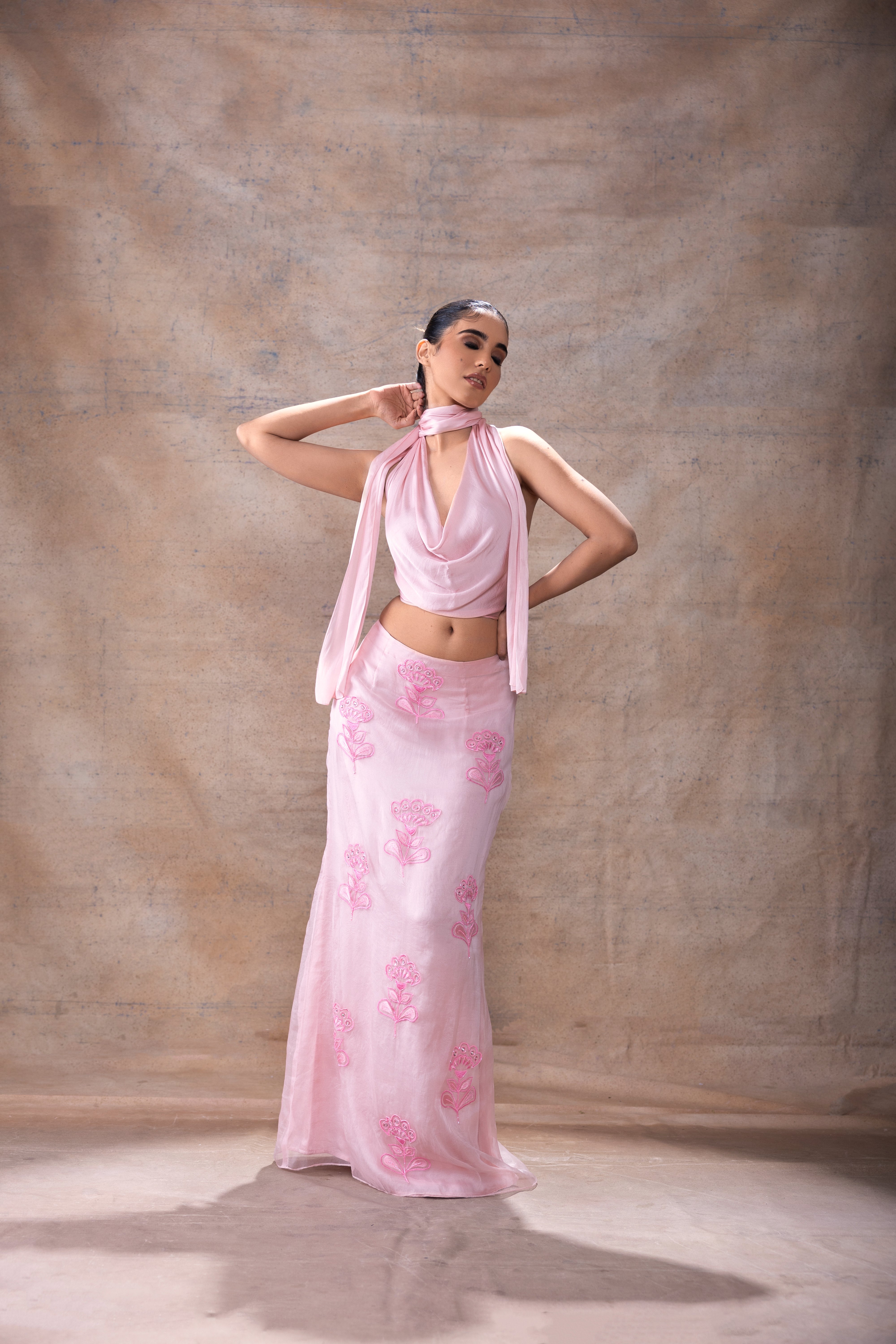 Cowl neck and embroidered skirt set